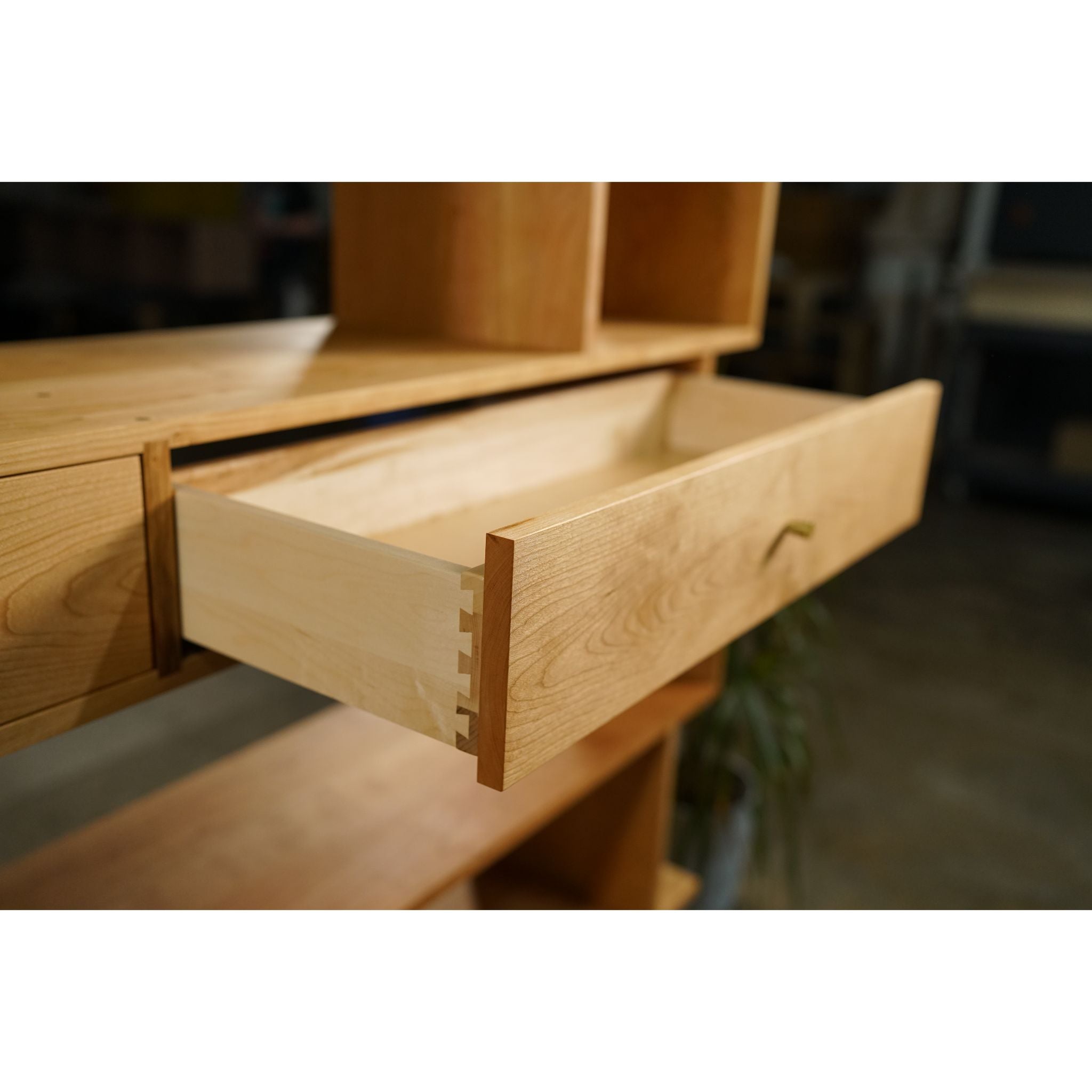 Arden Offstack Bookcase BC01 Opened Drawer Closeup View by Tomfoolery Wood Co