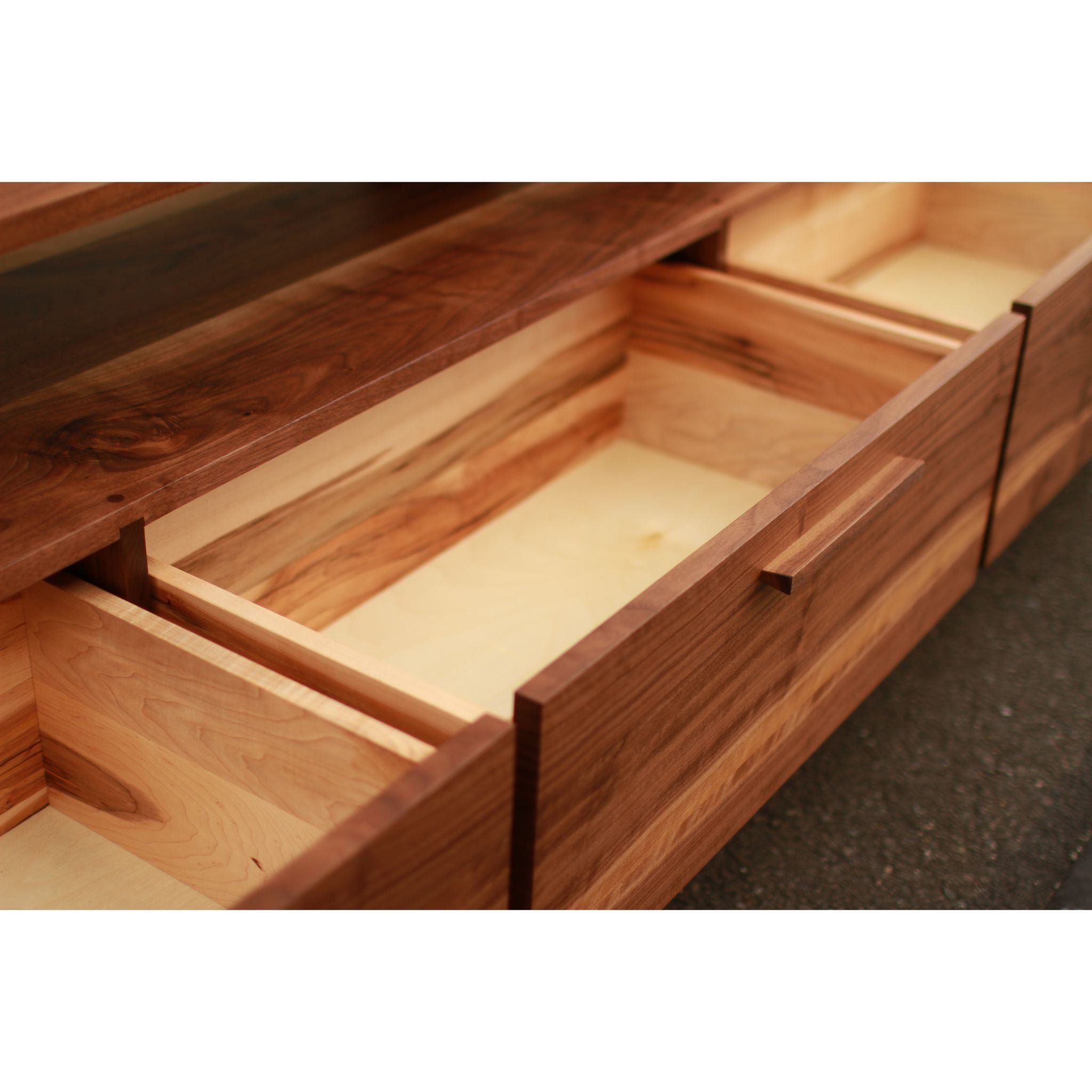 Brooklyn Console 2.0 CN46 Opened Drawers Closeup View by Tomfoolery Wood Co