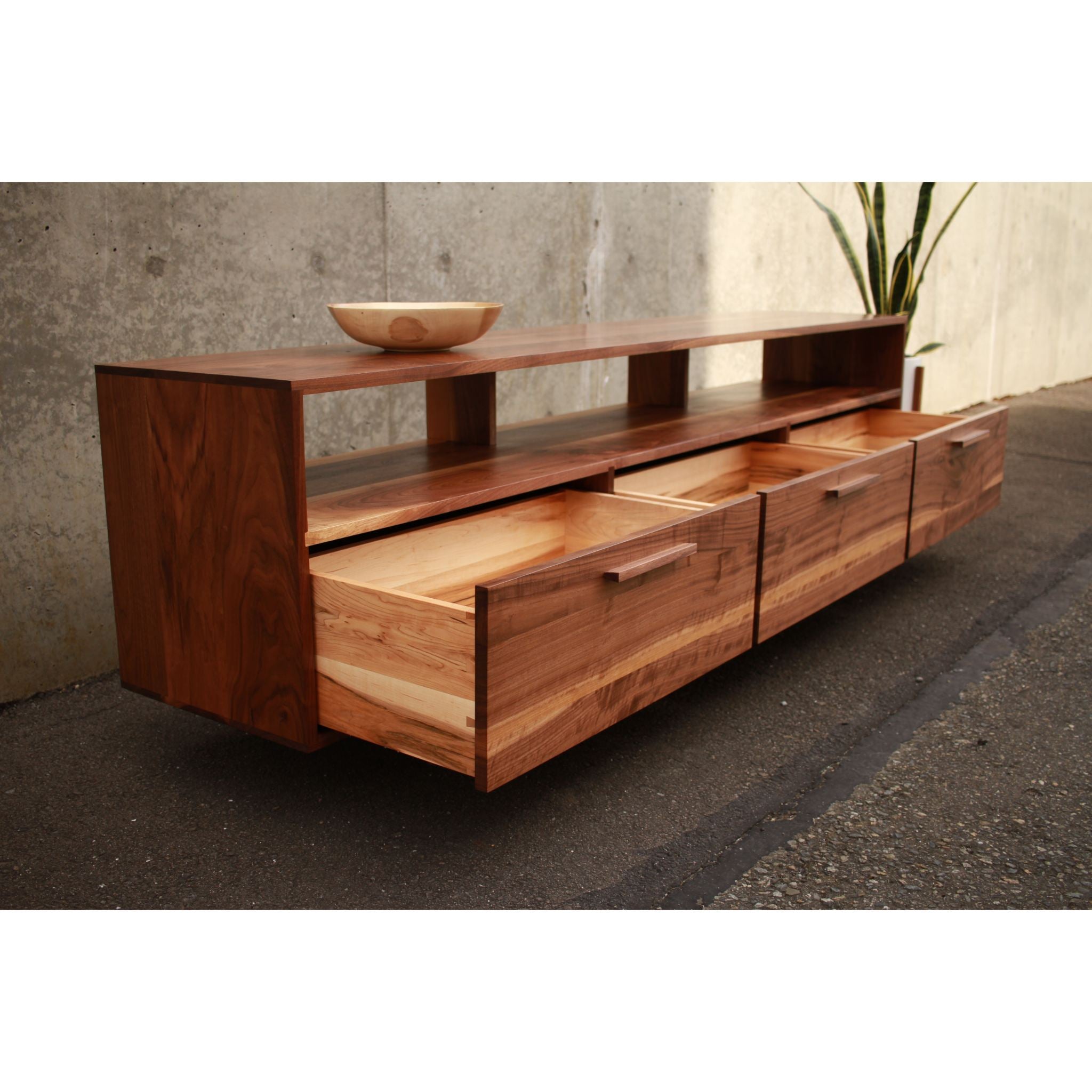 Brooklyn Console 2.0 CN46 Opened Drawers View by Tomfoolery Wood Co