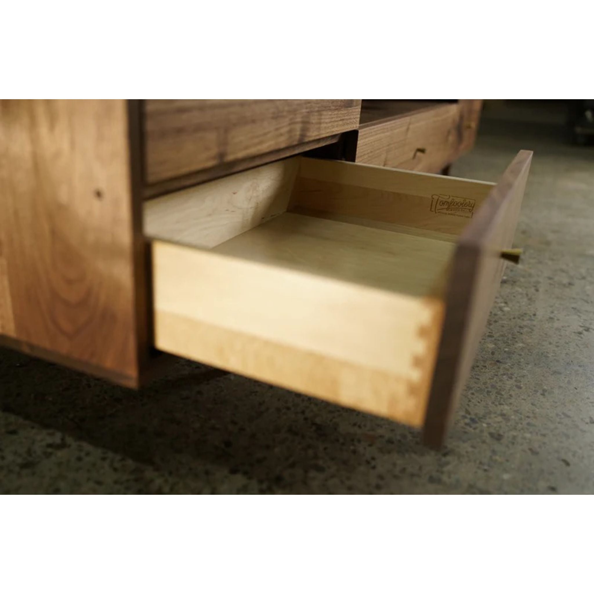 Brooklyn Console 5 Drawers CN32 Opened Drawer Closeup View by Tomfoolery Wood Co