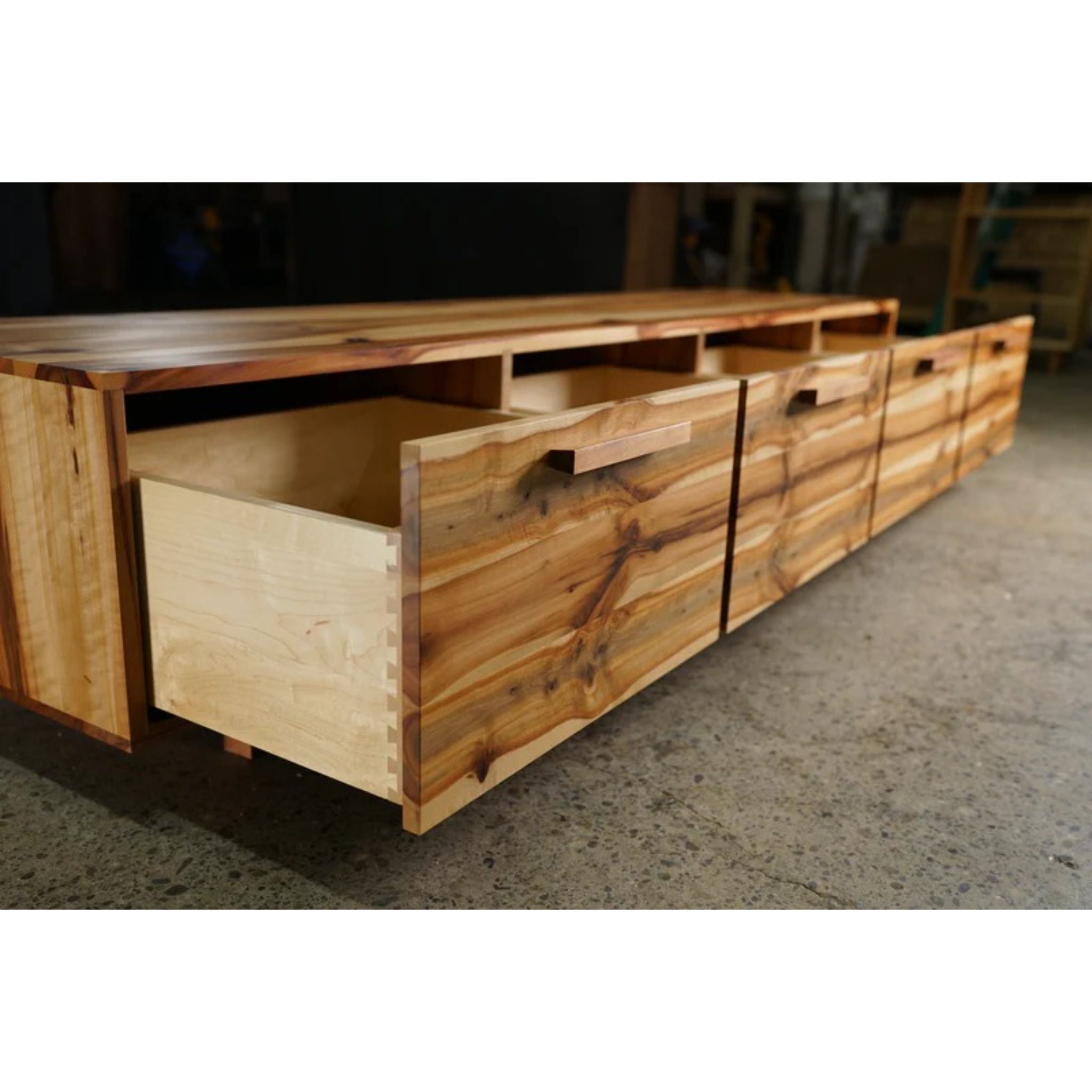 Clarkson Drawer Bench 86 W BN06 Left Side Opened Drawers View by Tomfoolery Wood Co