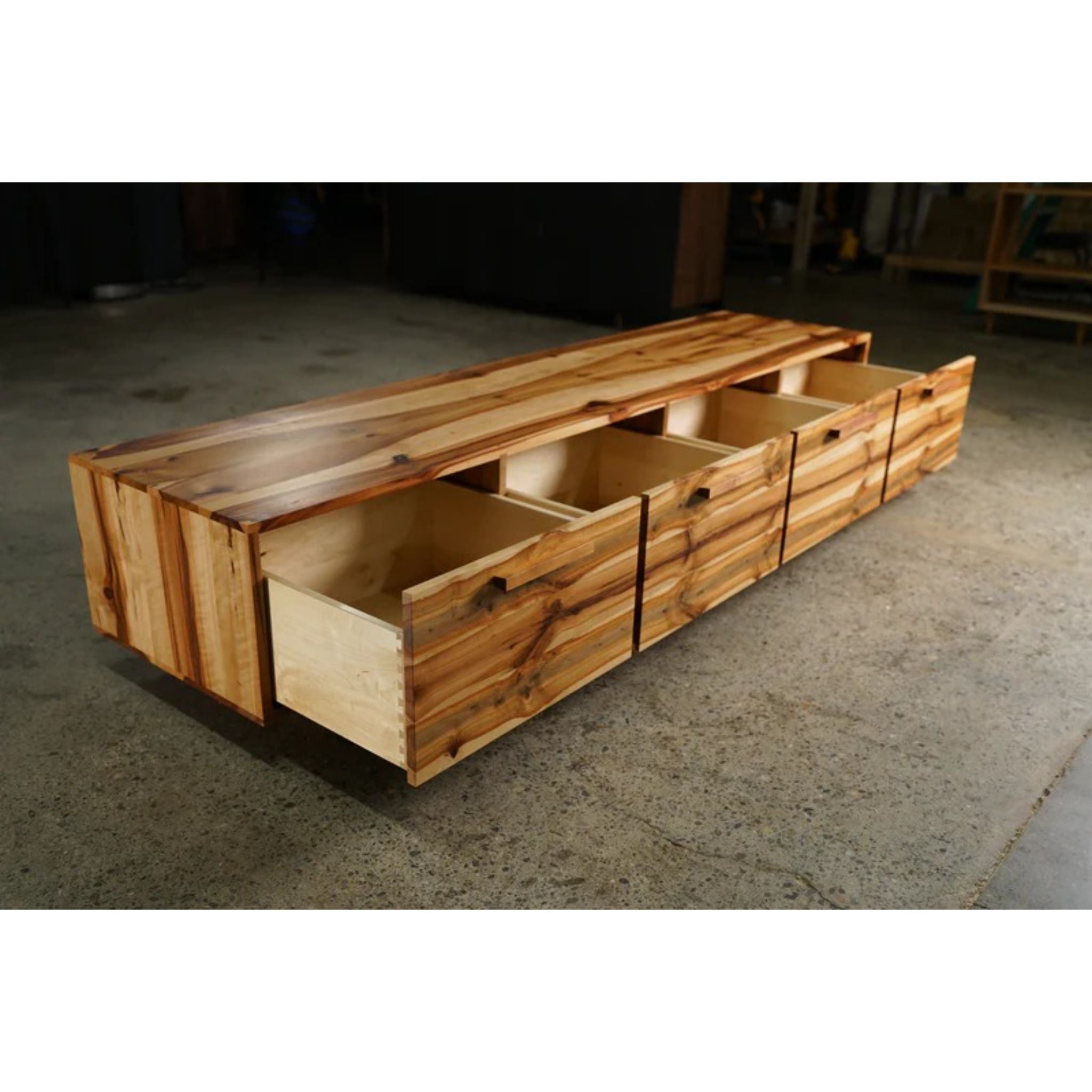 Clarkson Drawer Bench 86 W BN06 Top Side Opened Drawers View by Tomfoolery Wood Co