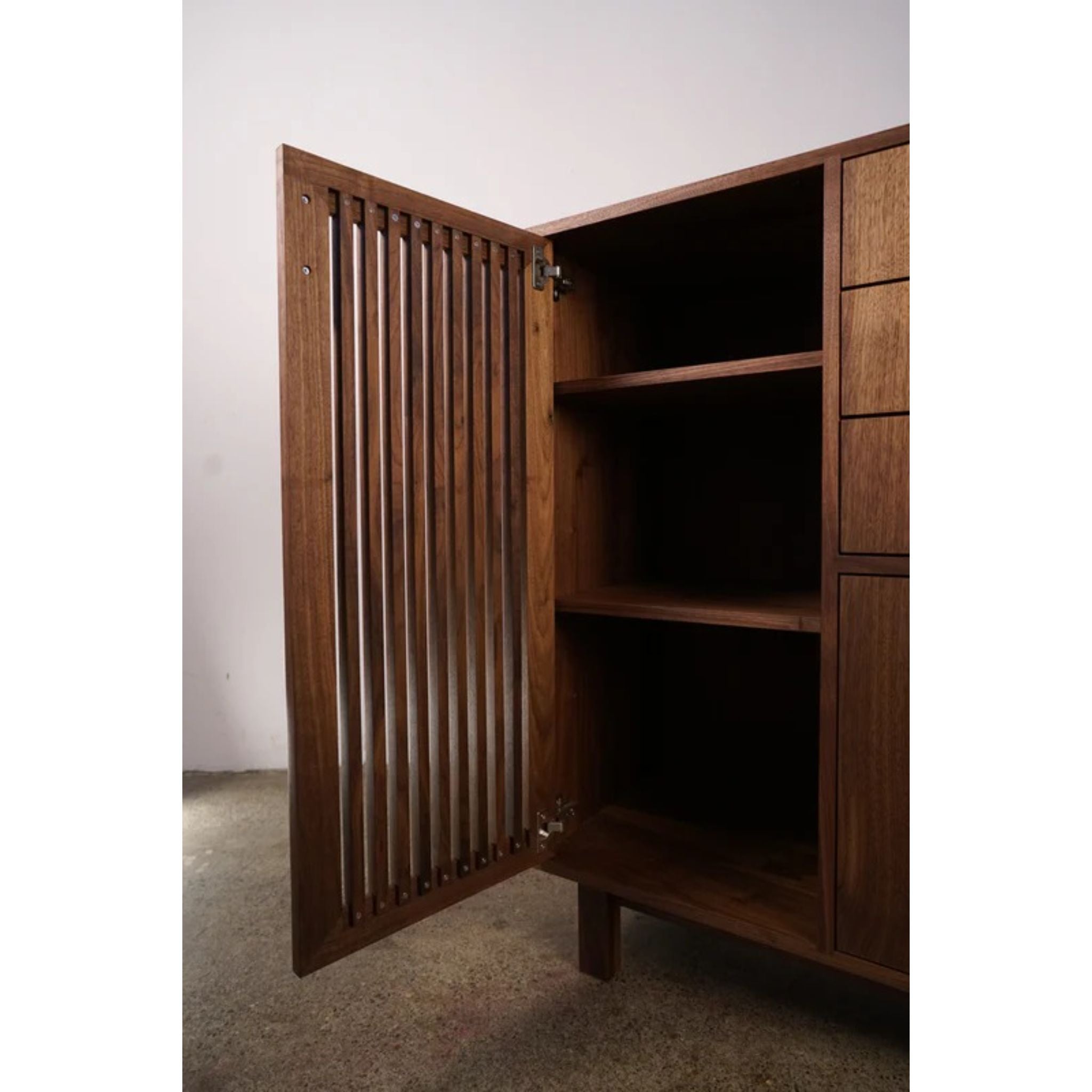 Connolly Bar Cabinet ALT1 BR12 Opened Door View by Tomfoolery Wood Co