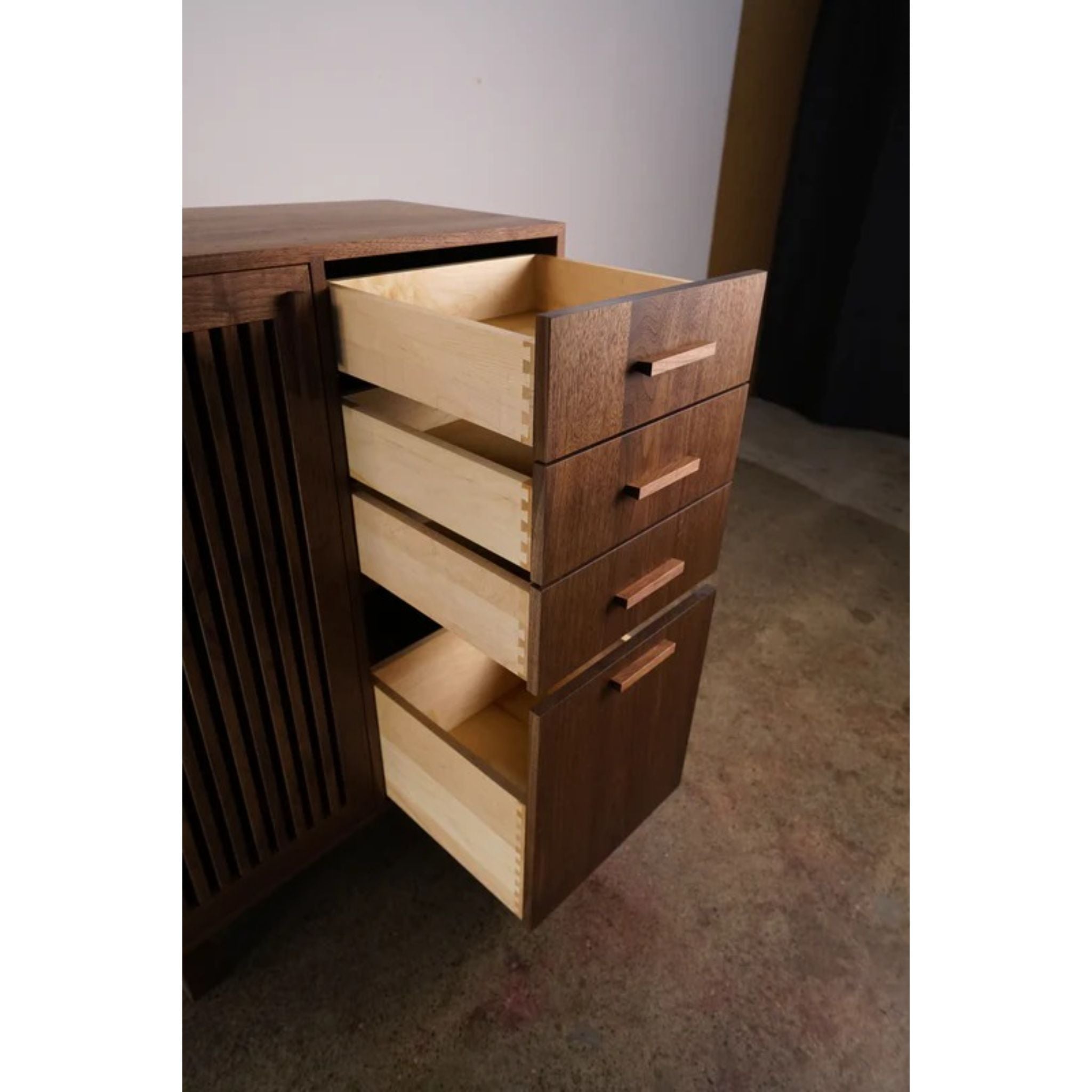 Connolly Bar Cabinet ALT1 BR12 Opened Drawers View by Tomfoolery Wood Co