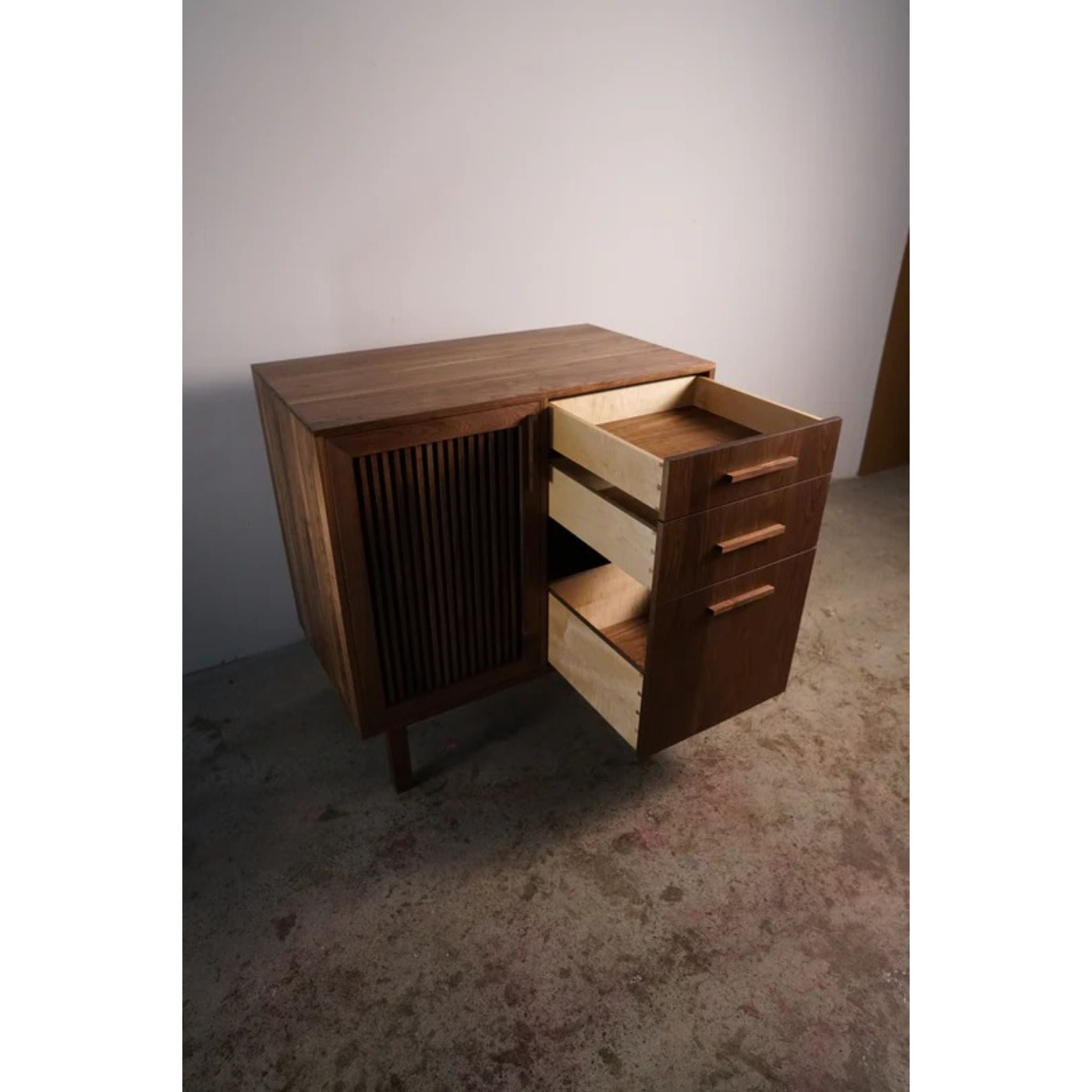 Connolly Bar Cabinet BR15 Opened Drawers View by Tomfoolery Wood Co