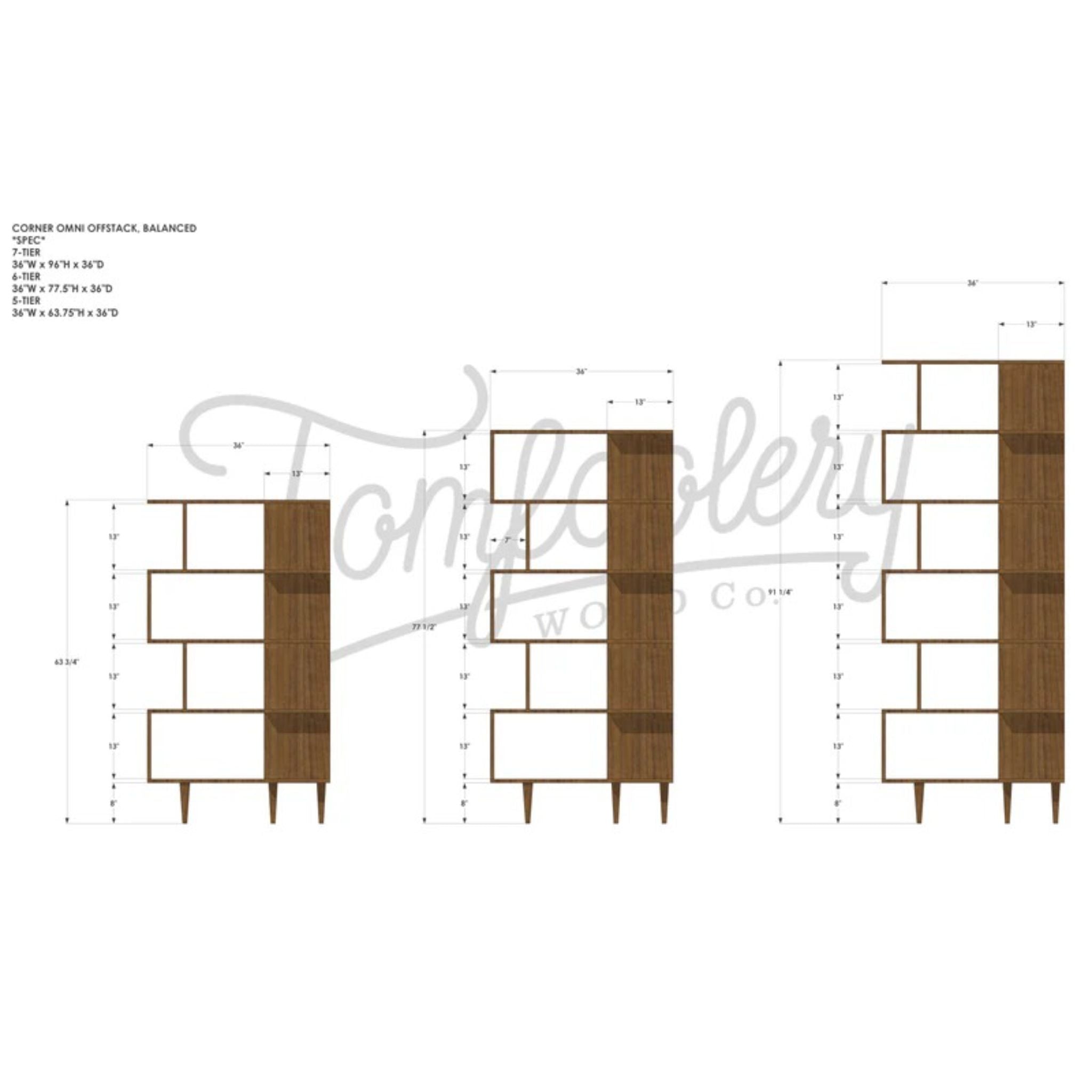 Corner Offstack Bookcase Balanced BC10 Full Dimensions by Tomfoolery Wood Co