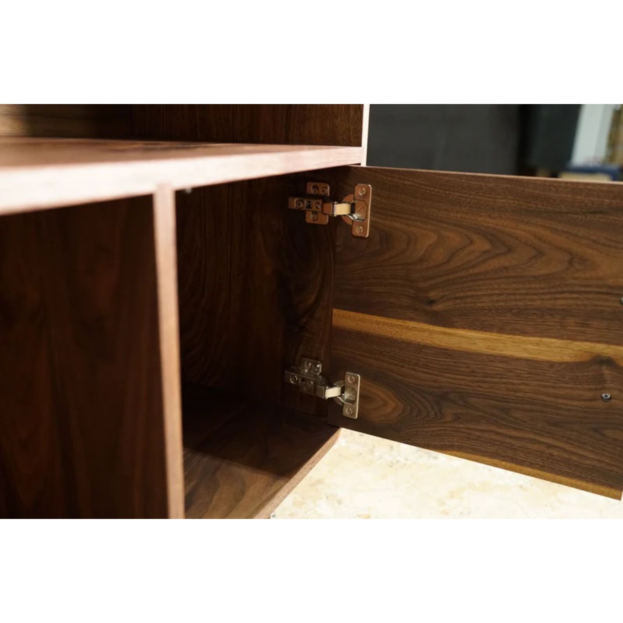 Couzens Vinyl Console 2 Door CN78 Opened Door Closeup View by Tomfoolery Wood Co