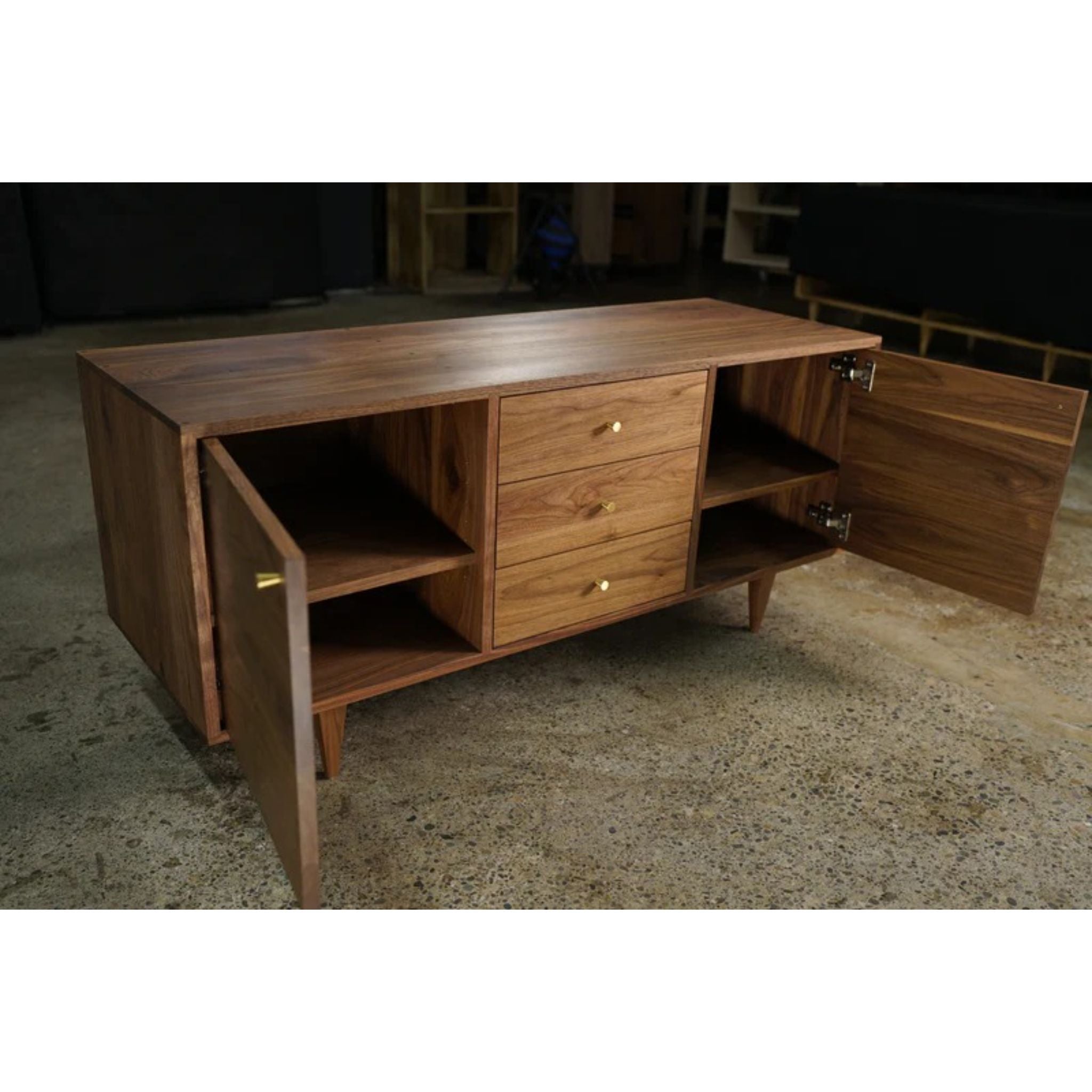 Danish Modern Console 3 Drawer CN20 Opened Doors View by Tomfoolery Wood Co