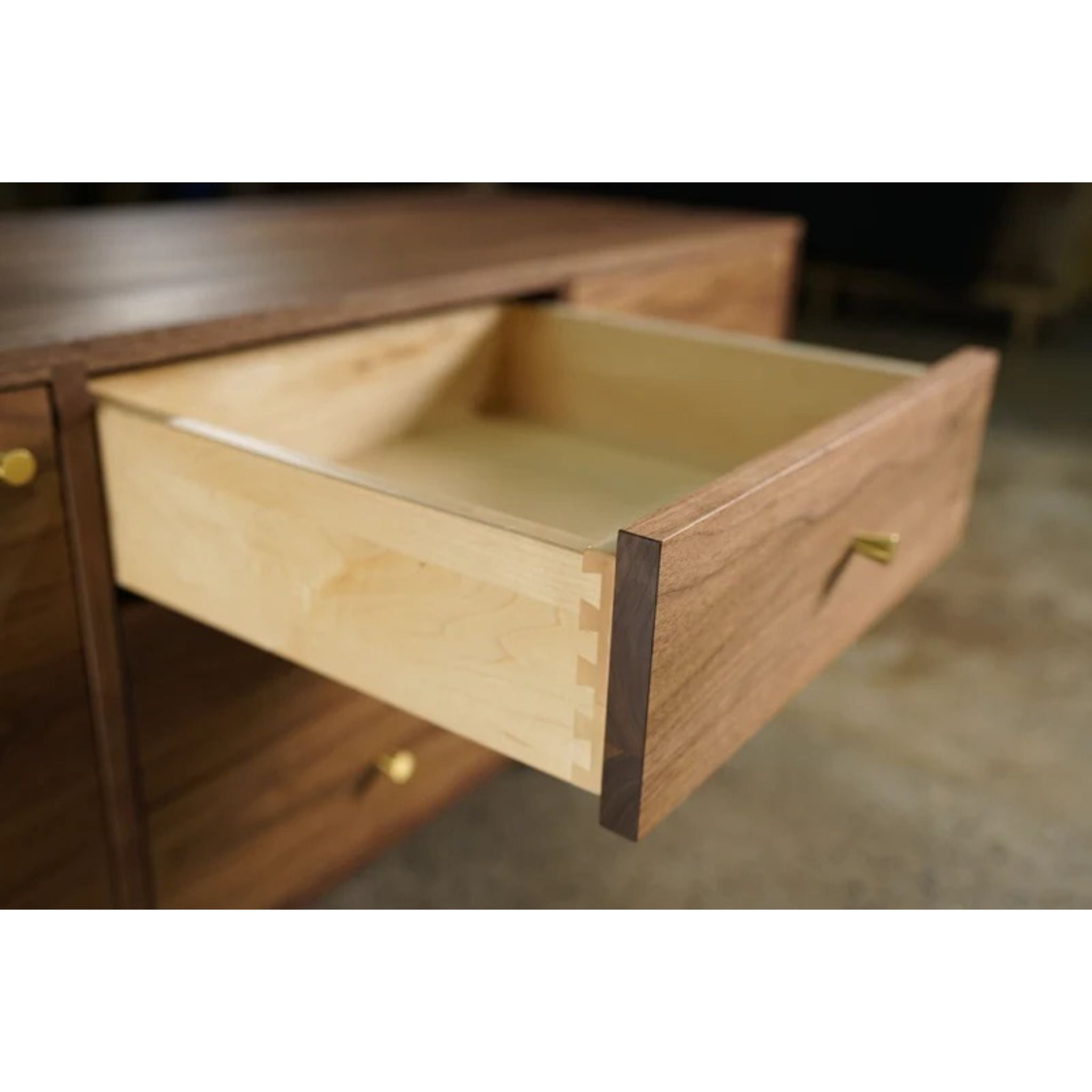 Danish Modern Console 3 Drawer CN20 Opened Drawer Closeup View by Tomfoolery Wood Co