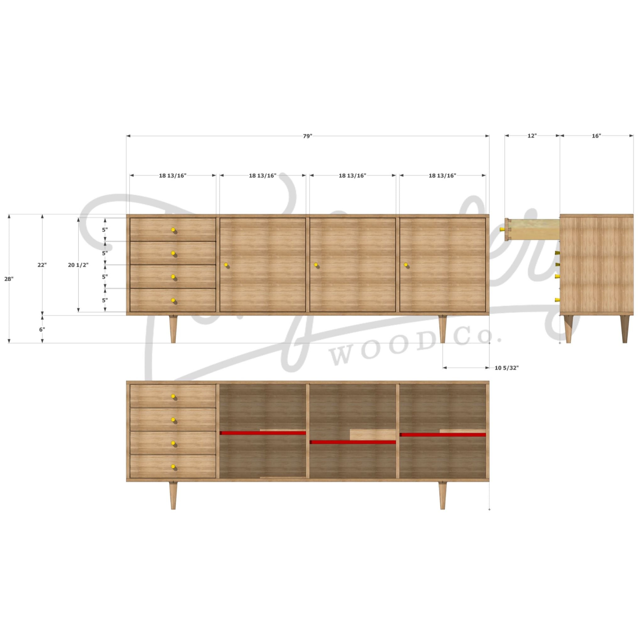 Danish Modern Console 4 Drawer (Left) CN12 Dimensions by Tomfoolery Wood Co