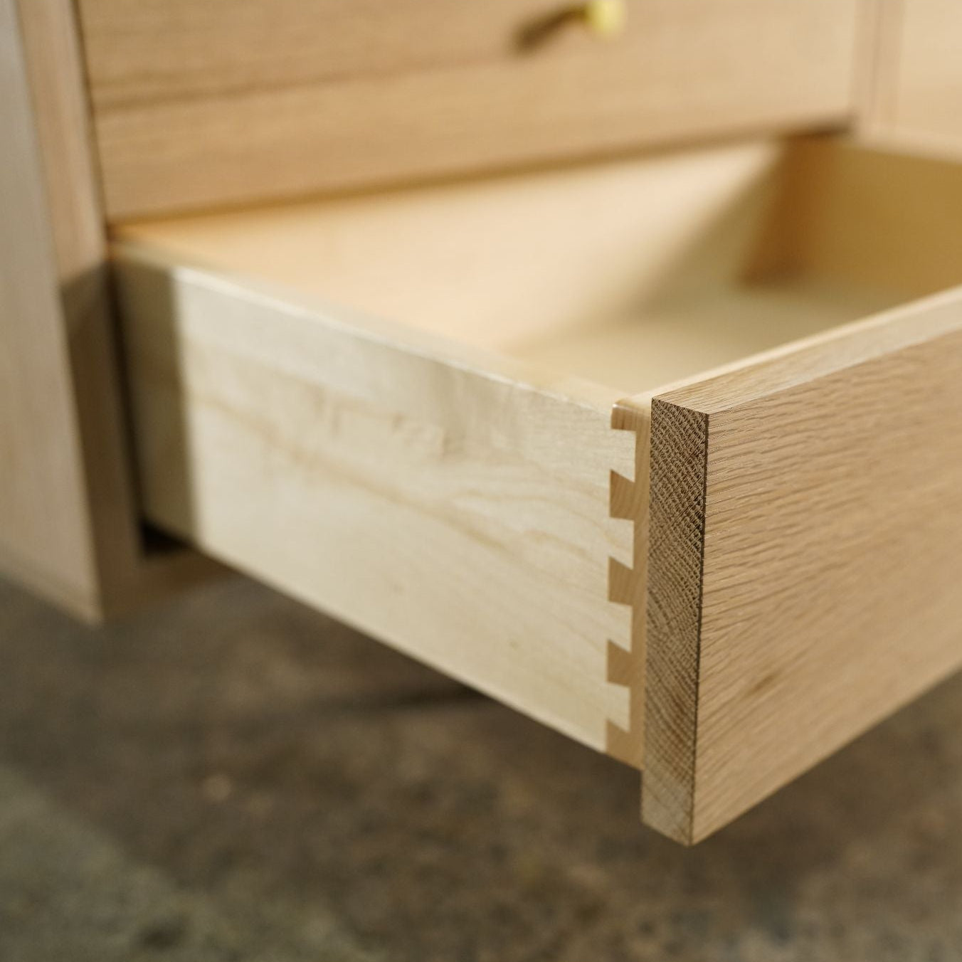 Danish Modern Console 4 Drawer (Left) CN12 Opened Closeup Drawer View by Tomfoolery Wood Co