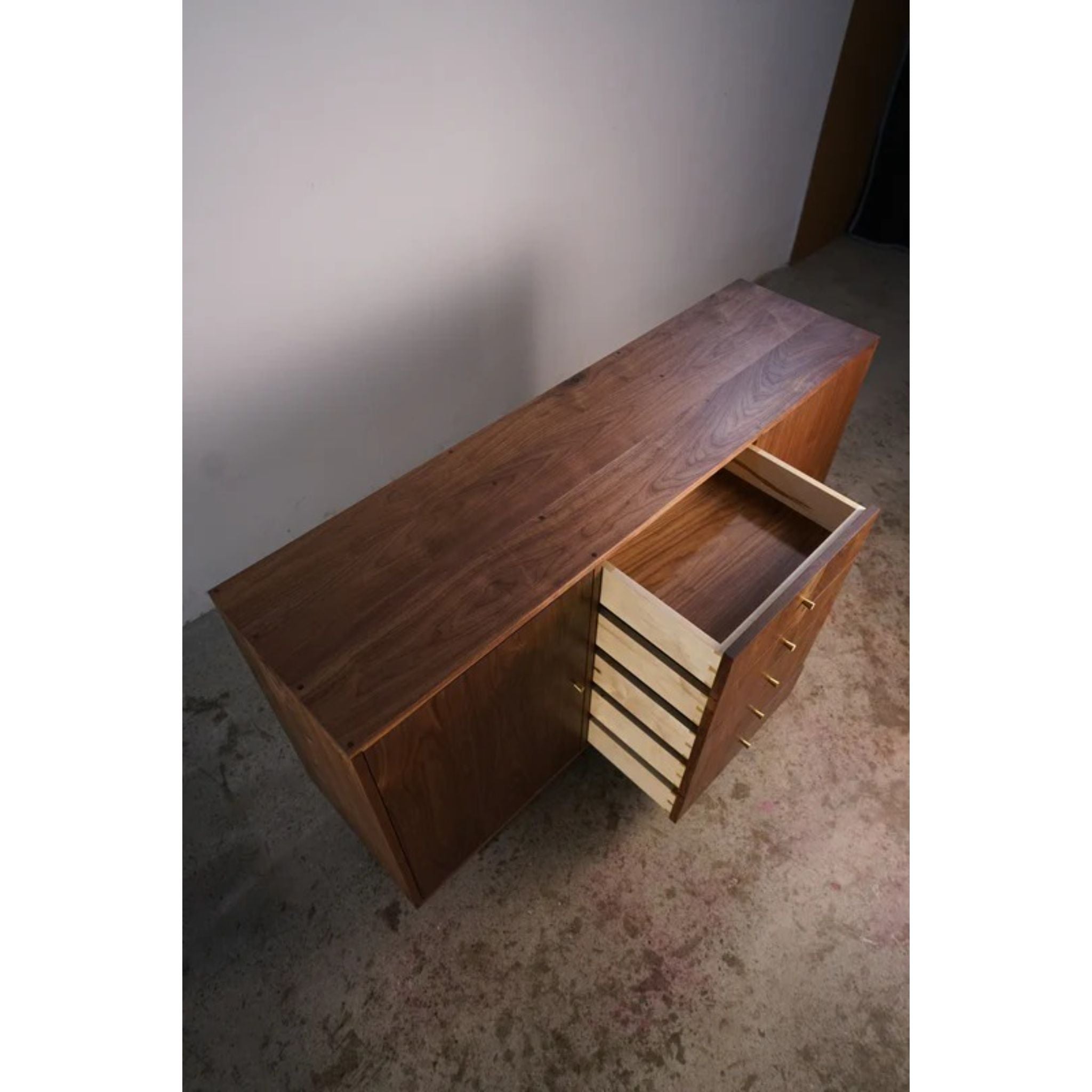 Danish Modern Console 5 Drawer 60 W CN40 Top Side Opened Drawers View by Tomfoolery Wood Co