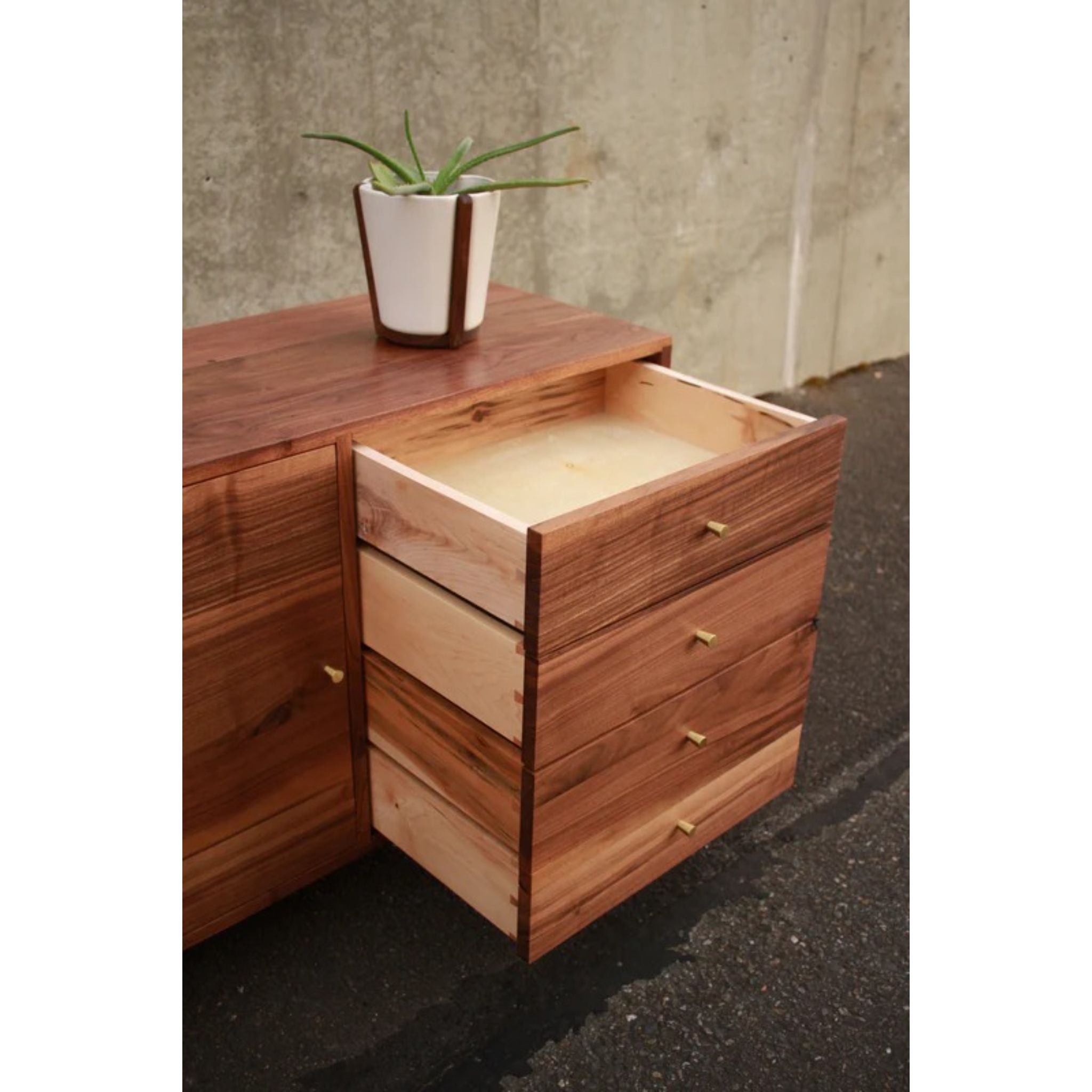 Danish Modern Console CN34 Opened Drawers Side View by Tomfoolery Wood Co