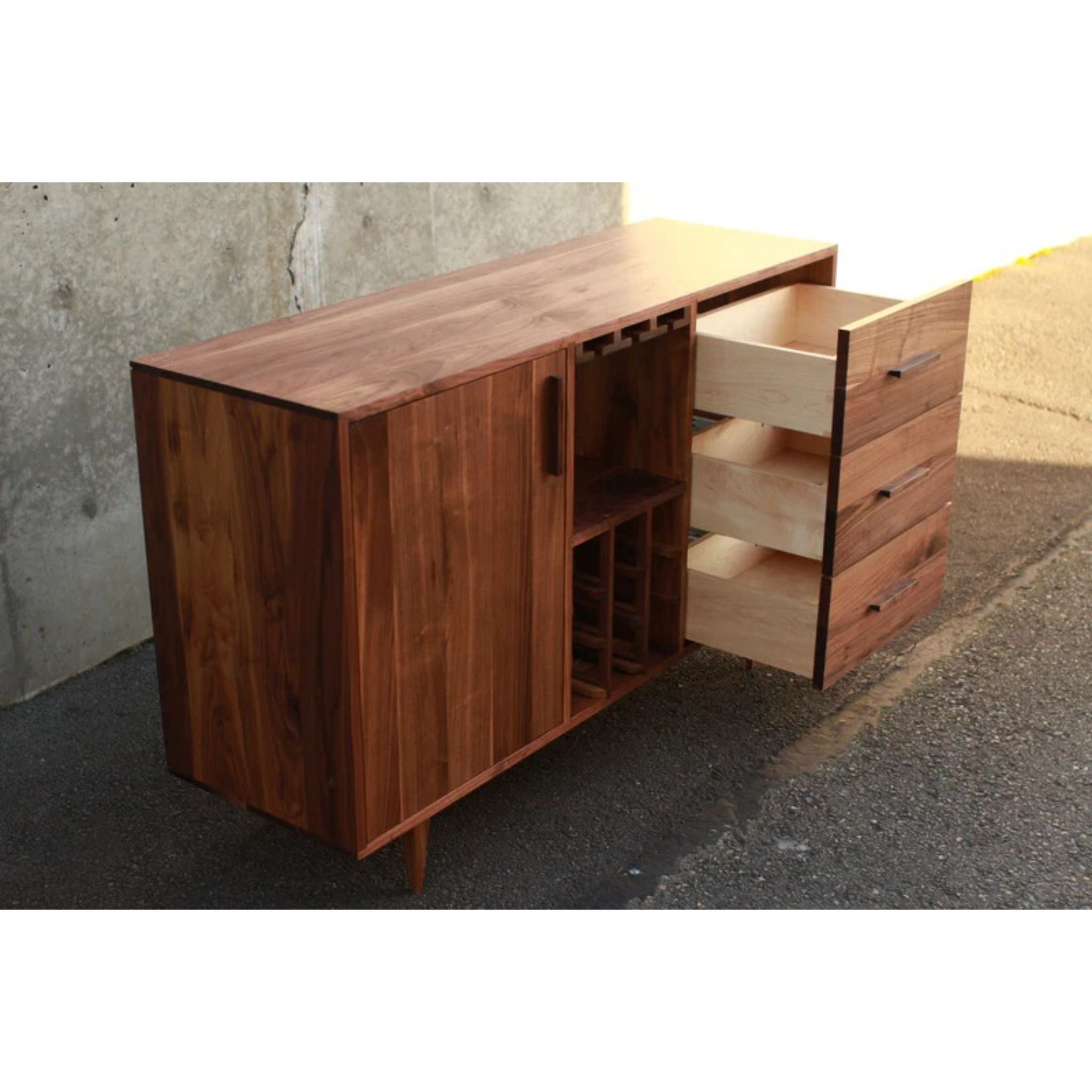 Davis Wine Bar BR09 Opened Drawers View by Tomfoolery Wood Co