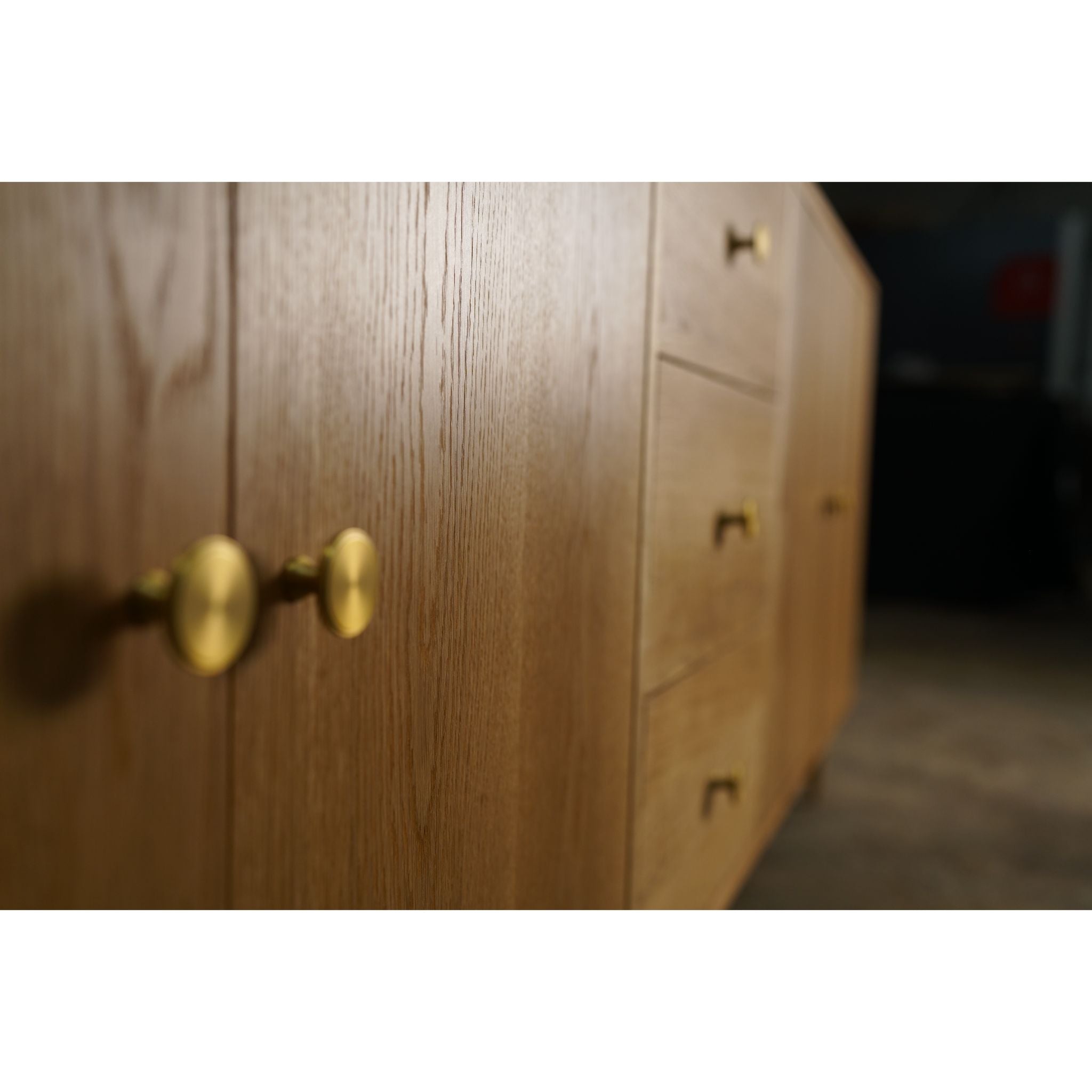Elwell Buffet 3 Drawer CN14 Left closeup View by Tomfoolery Wood Co