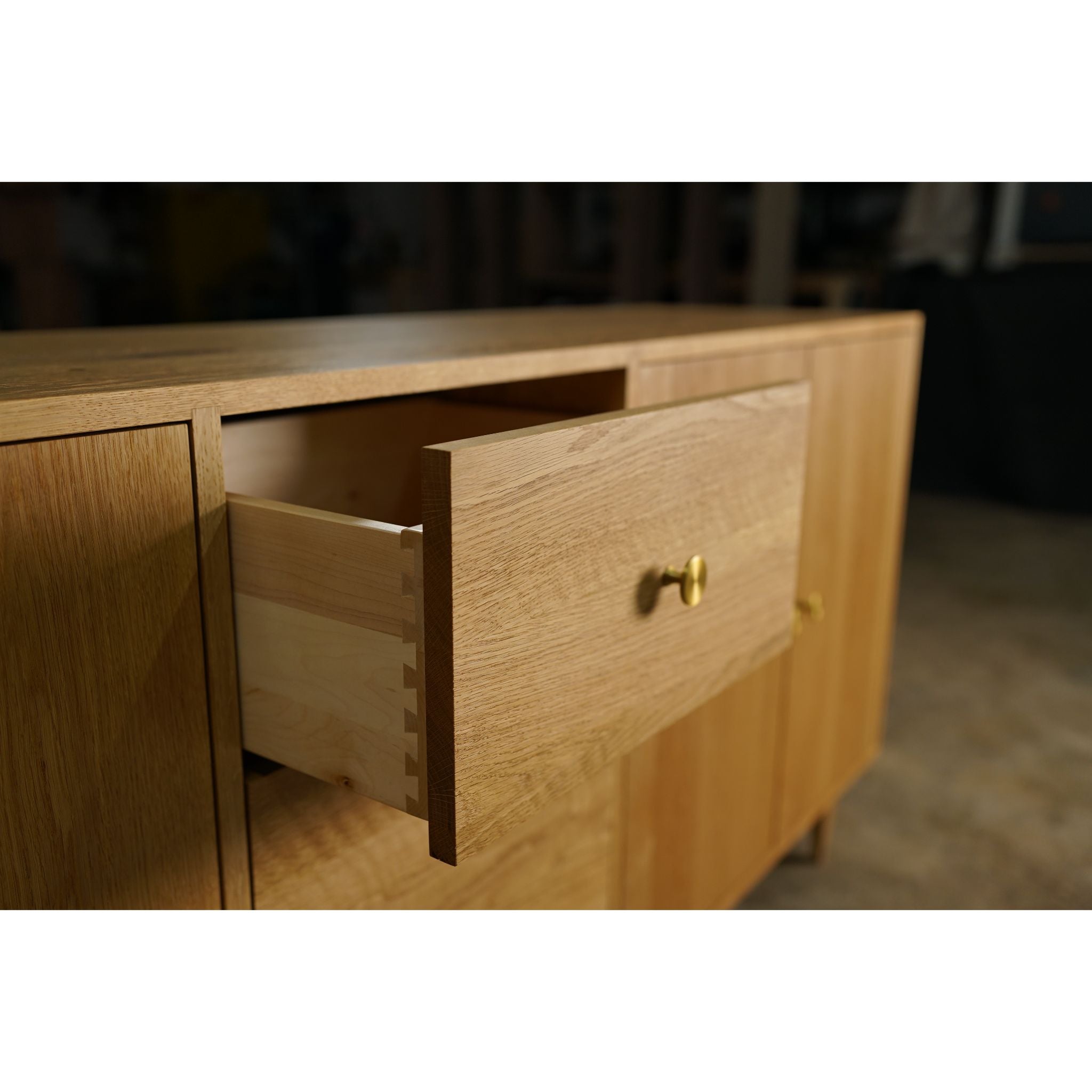 Elwell Buffet 3 Drawer CN14 Opened Drawer View by Tomfoolery Wood Co