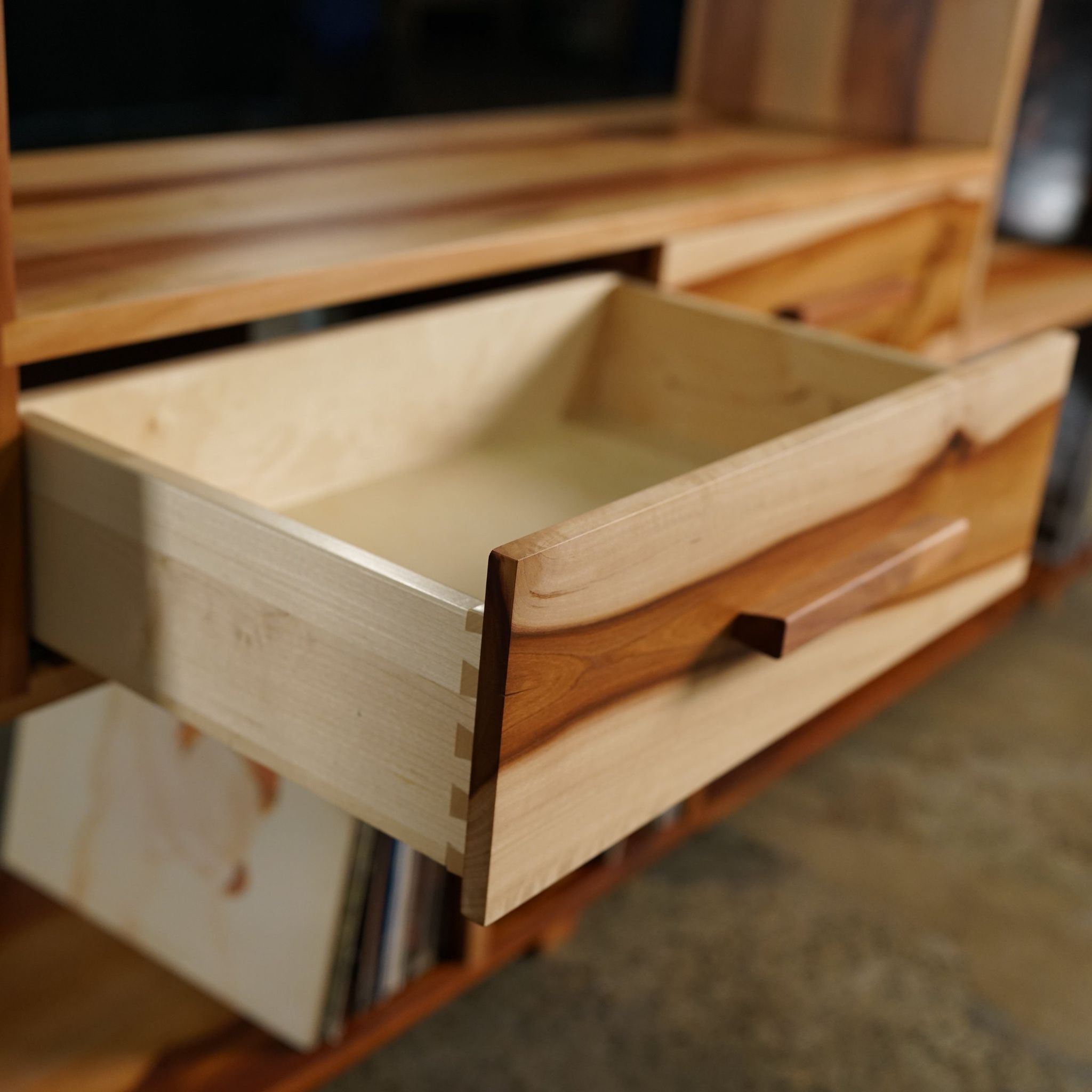 Emerson Vinyl Console 2 Drawer CN06 Open Drawer View by Tomfoolery Wood Co