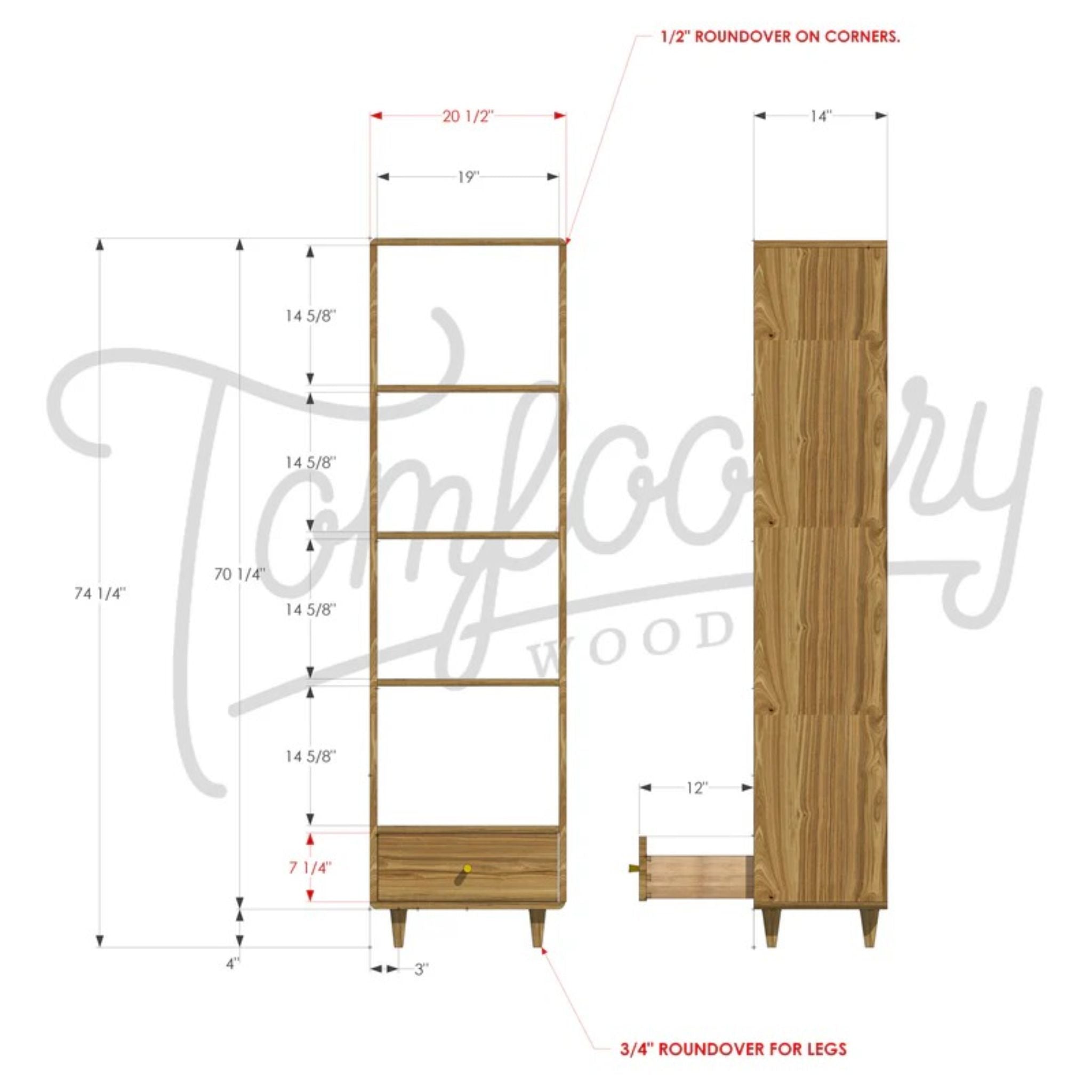 Fullstack Bookcase 2.0 BC05 Dimensions by Tomfoolery Wood Co