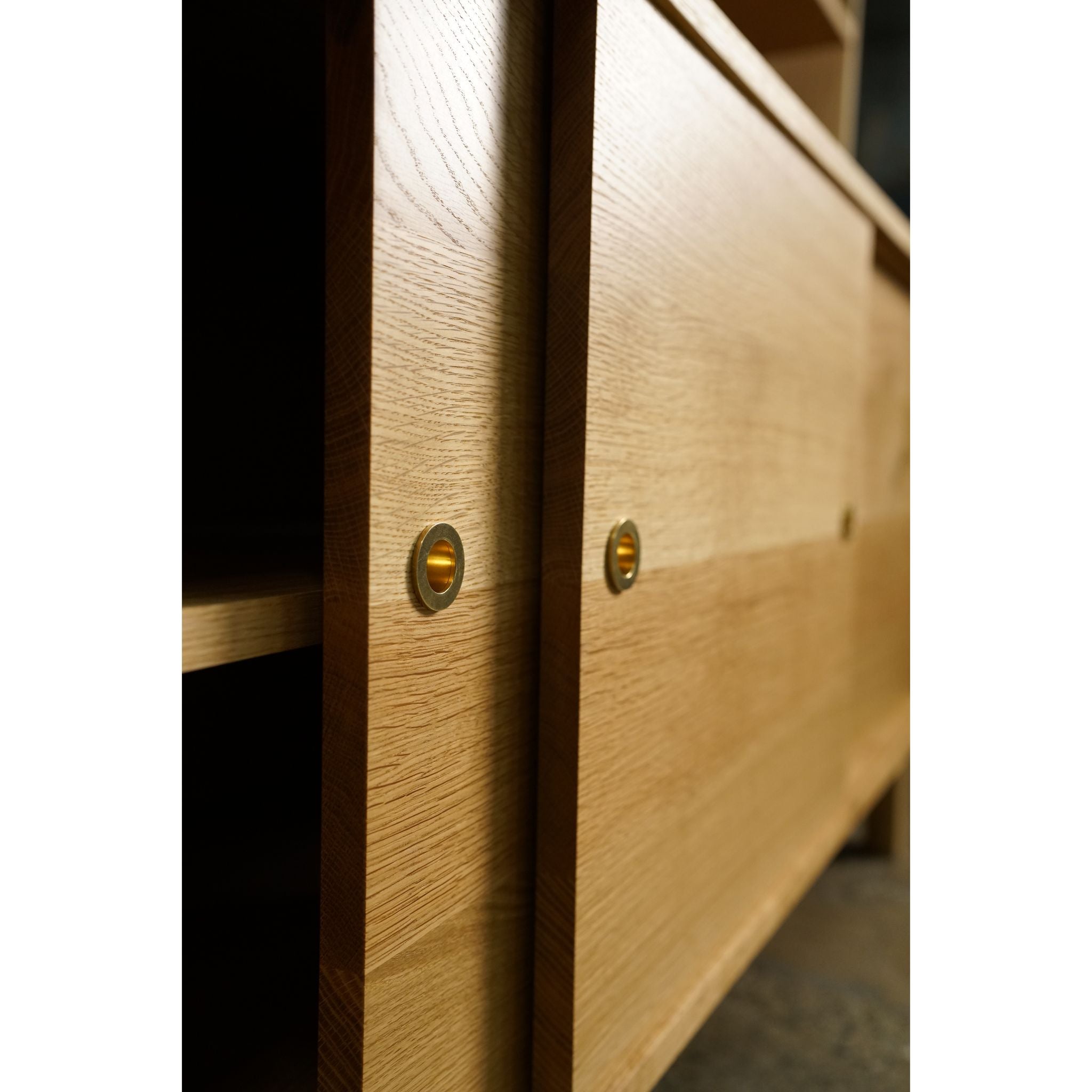 Gilles Hutch 2.0 Sliding Doors 62W HU02 Left Drawers Closeup by Tomfoolery Wood Co