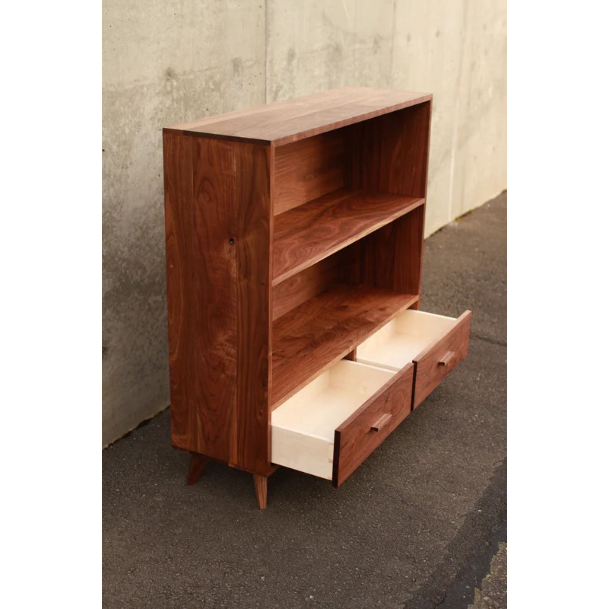 Halfstack Bookcase Double Wide BC39 Opened Drawers Side View by Tomfoolery Wood Co