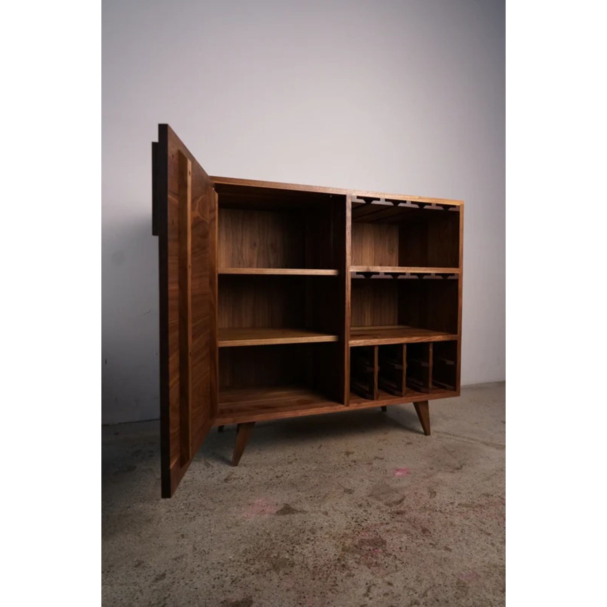 Hoppe Bar Cabinet BR14 Opened Door View By Tomfoolery Wood Co