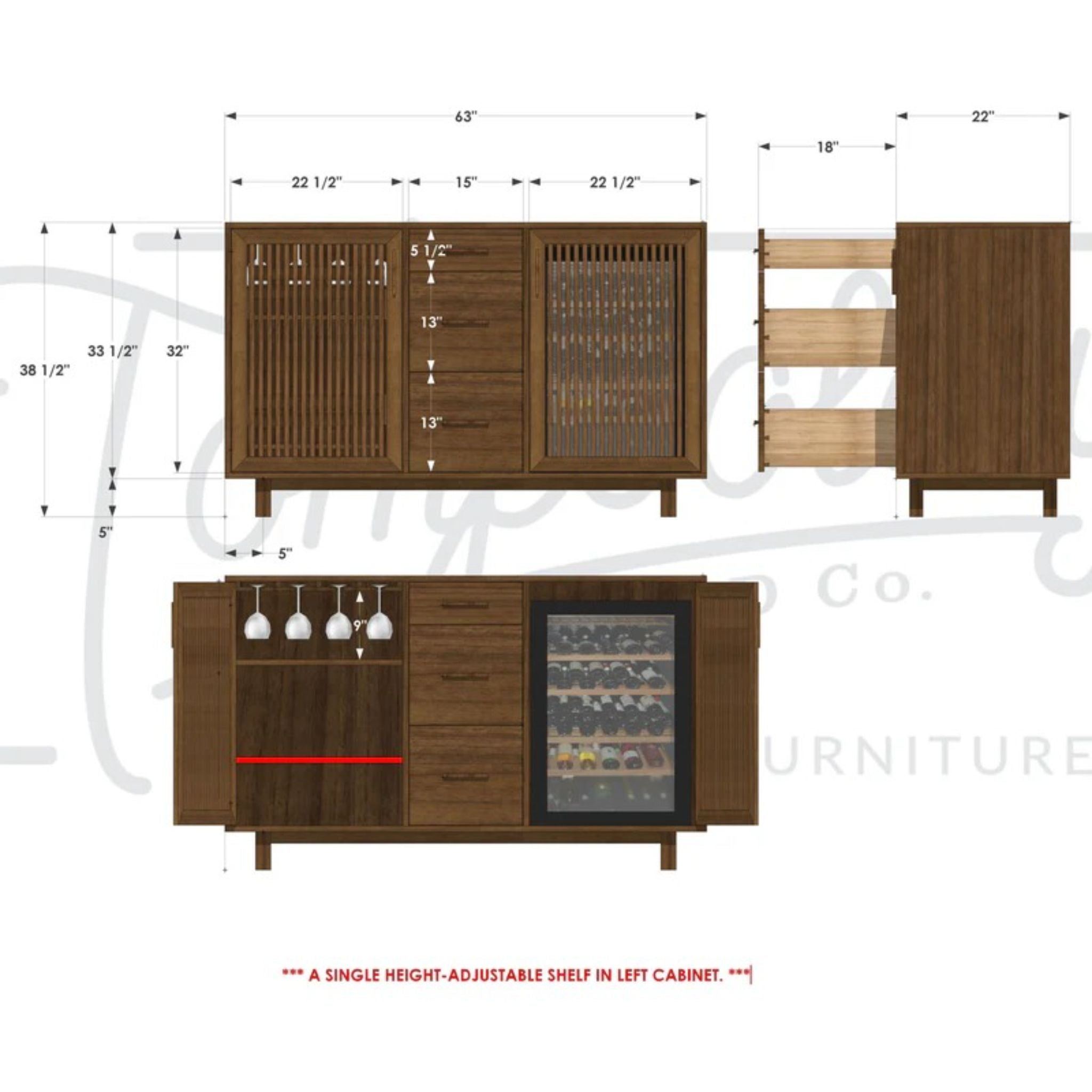 Kavanaugh Wine Bar 3 Drawers Vertical Slats BR02 Dimensions by Tomfoolery Wood Co