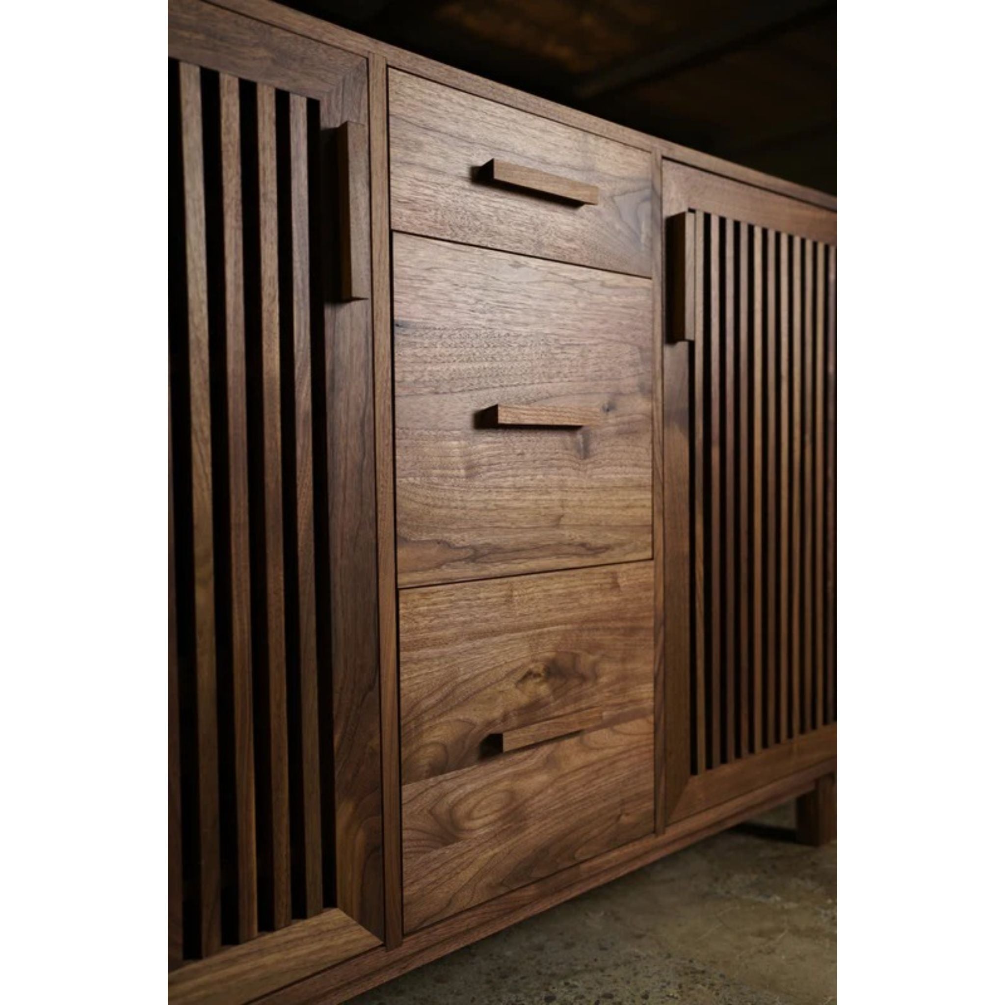 Kavanaugh Wine Bar 3 Drawers Vertical Slats BR02 Left Side Closeup View by Tomfoolery Wood Co