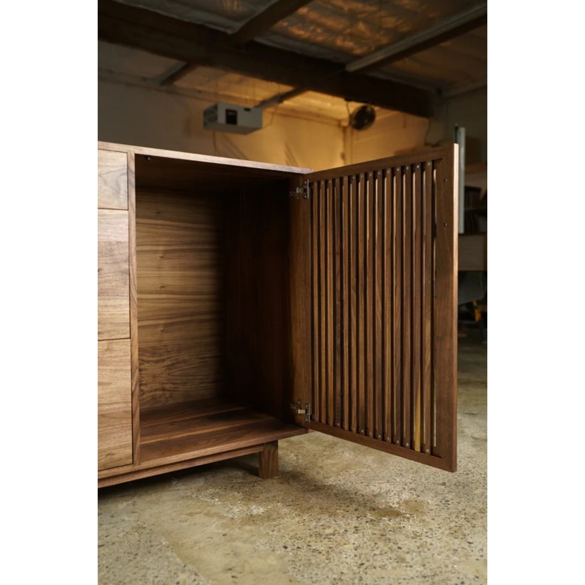 Kavanaugh Wine Bar 3 Drawers Vertical Slats BR02 Opened Door View by Tomfoolery Wood Co
