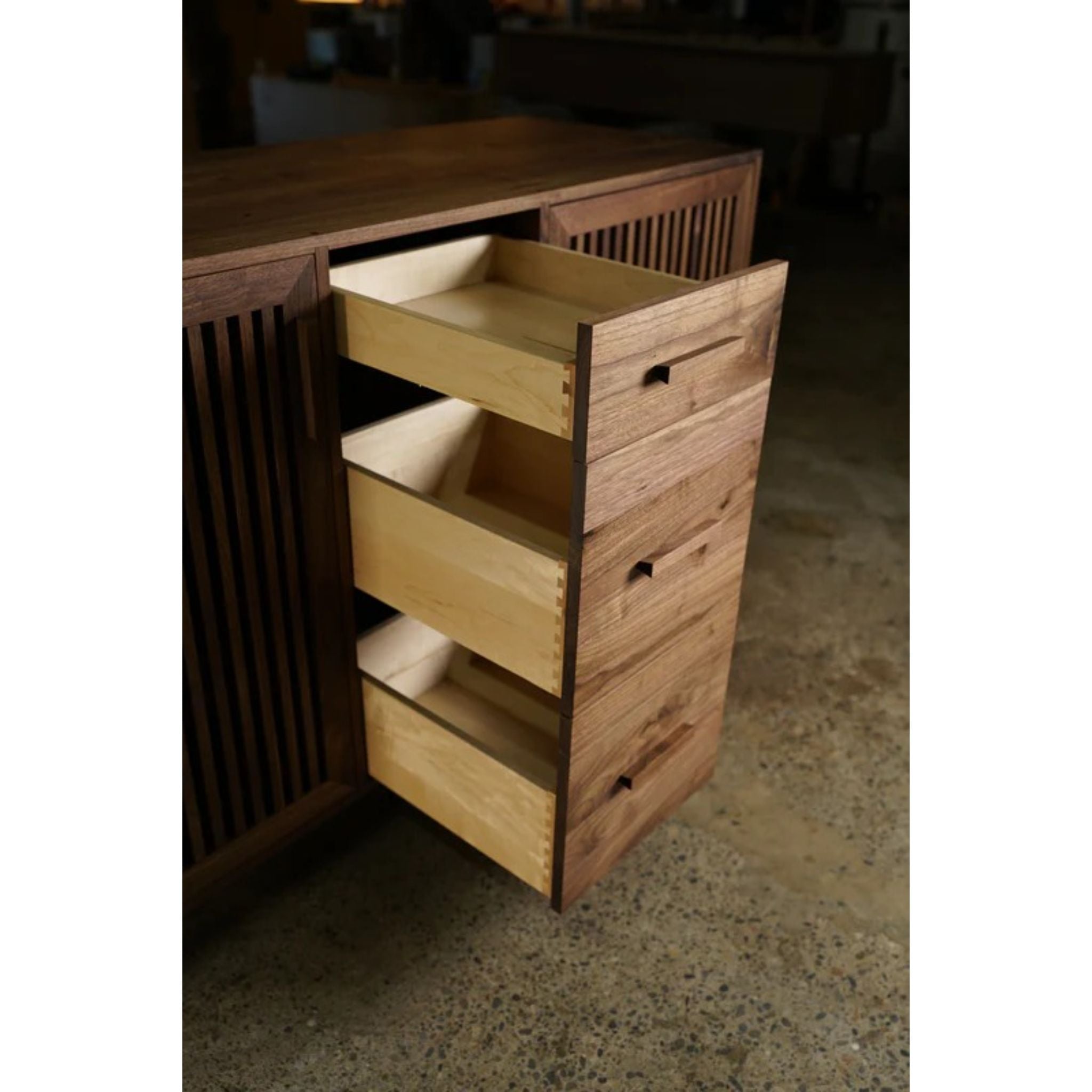 Kavanaugh Wine Bar 3 Drawers Vertical Slats BR02 Opened Drawers View by Tomfoolery Wood Co