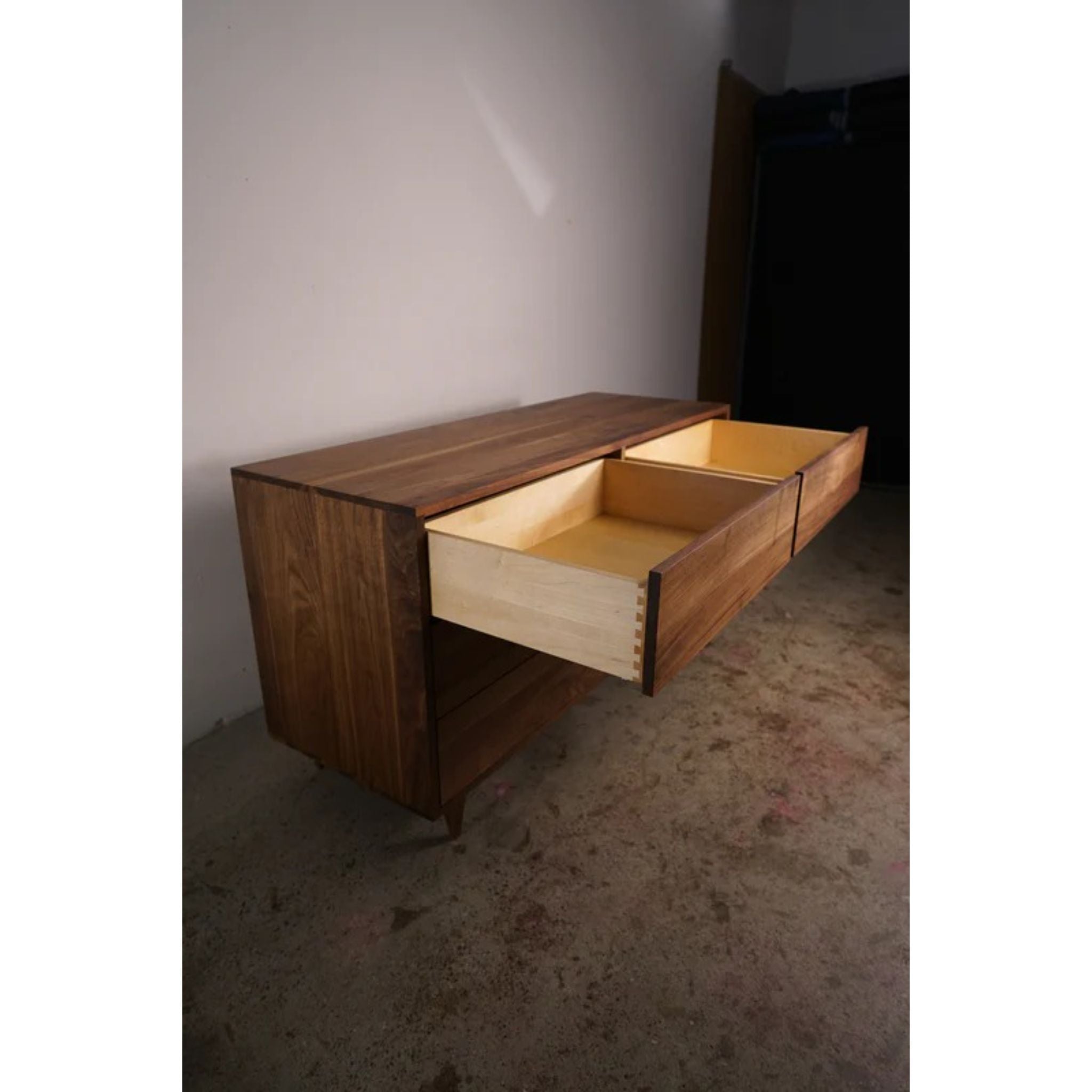 Lowboy Dresser 6 Drawer DR06 Opened Doors Side View by Tomfoolery Wood Co