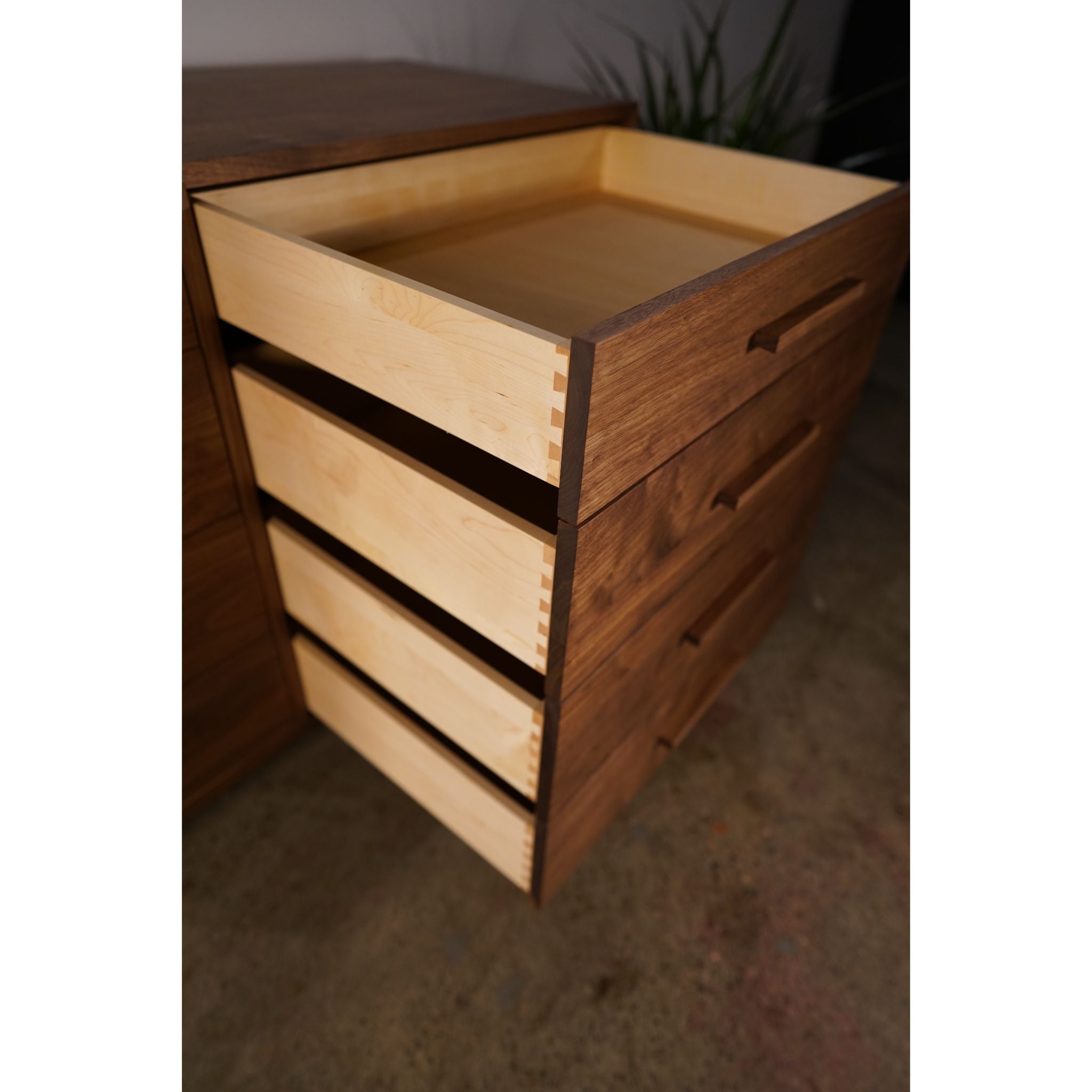 Lowboy Dresser 8 Drawer DR01 Left Side Opened Drawers View by Tomfoolery Wood Co