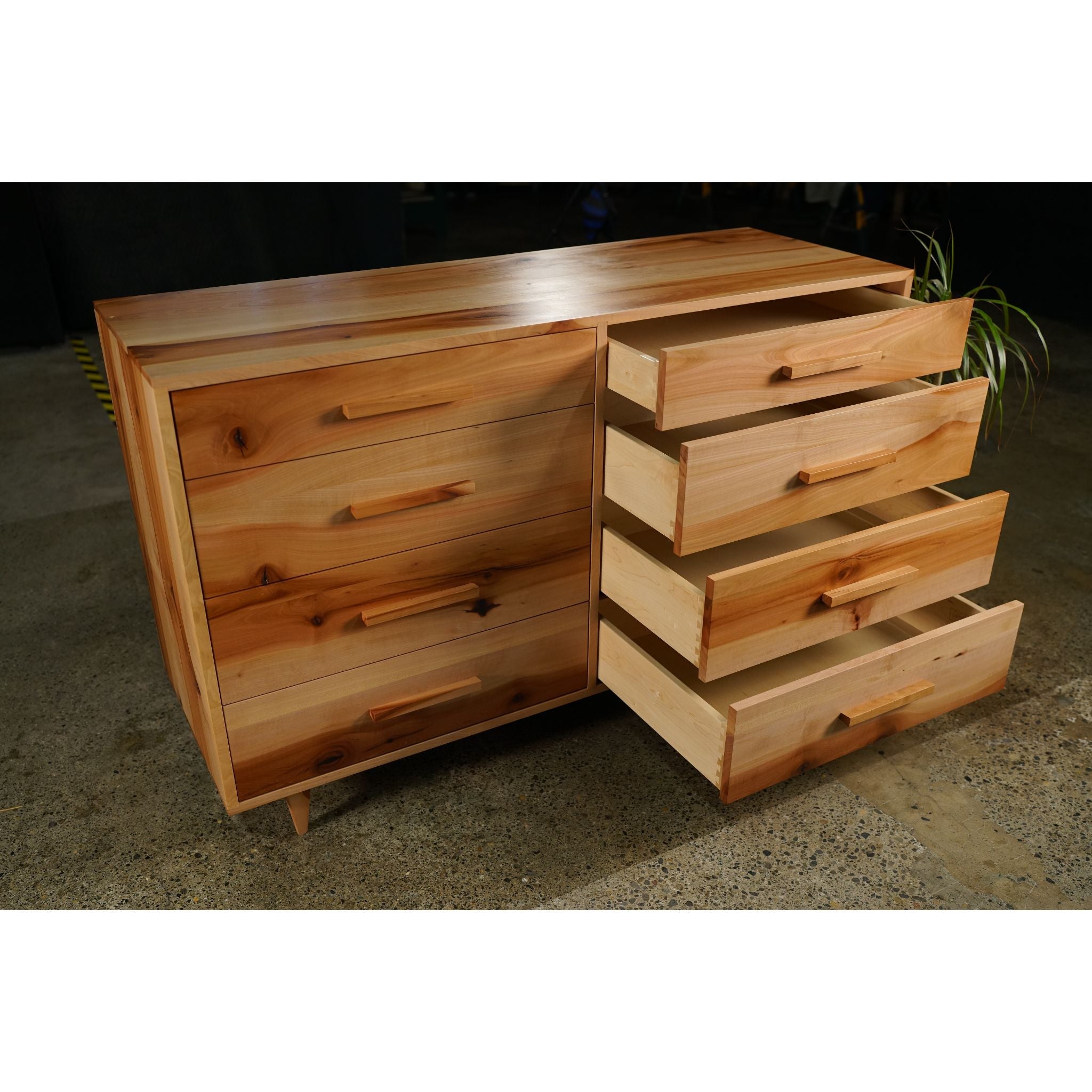 Lowboy Dresser 8 Drawer DR01 Opened Drawers View by Tomfoolery Wood Co