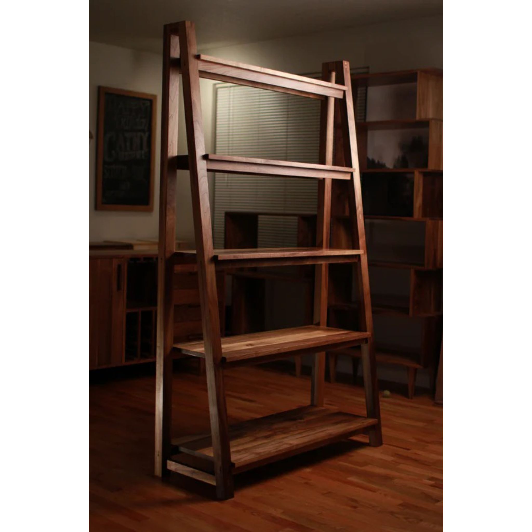Modern Slant Bookcase BC14 Indoor Side View by Tomfoolery Wood Co