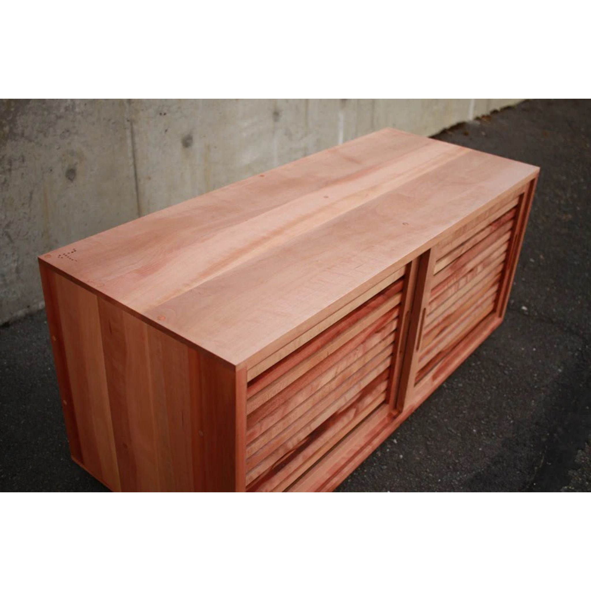 Rosenberg Storage Bench Slat Doors Full Top Front Side View by Tomfoolery Wood Co