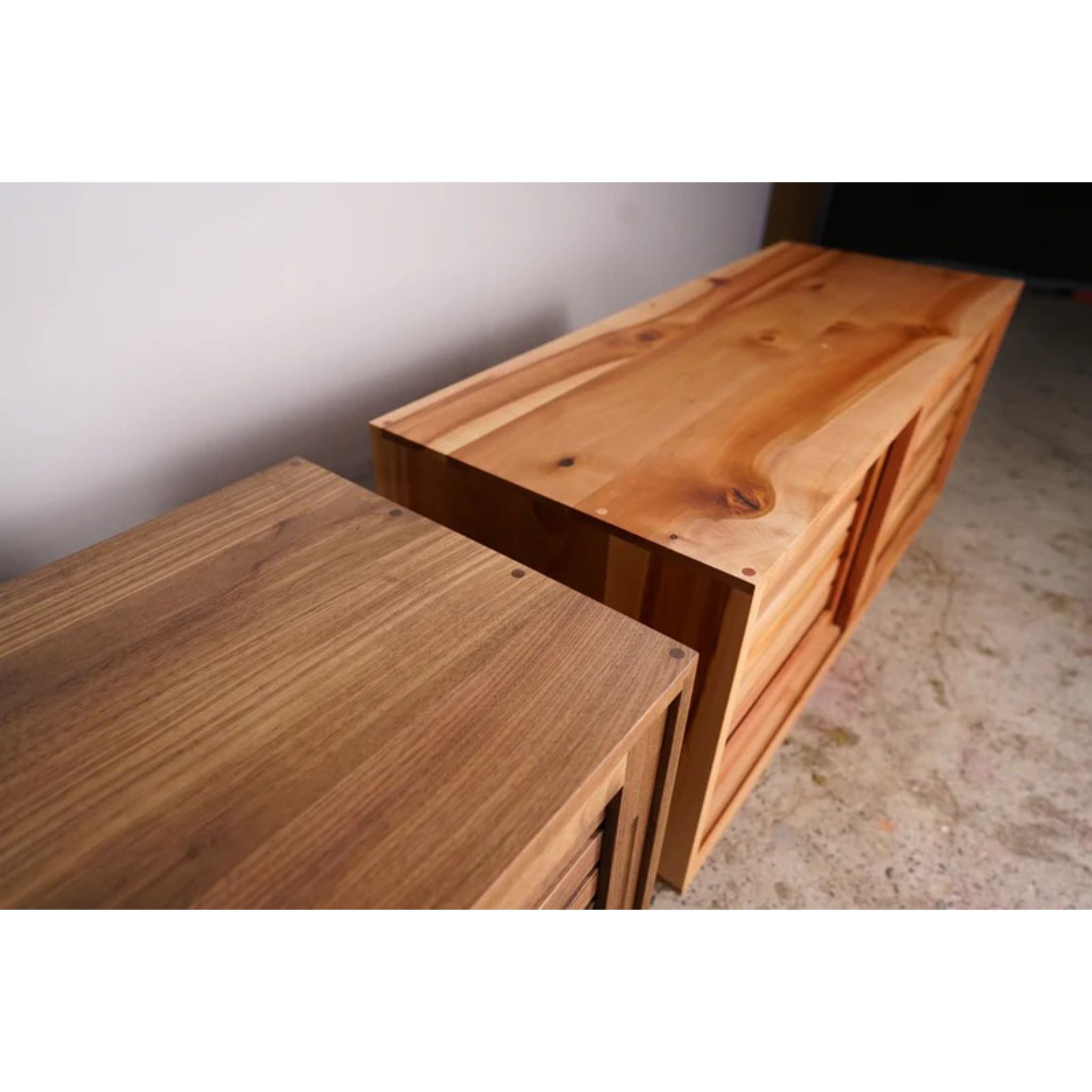 Rosenberg Storage Bench Slat Doors Full Top Indoor View by Tomfoolery Wood Co