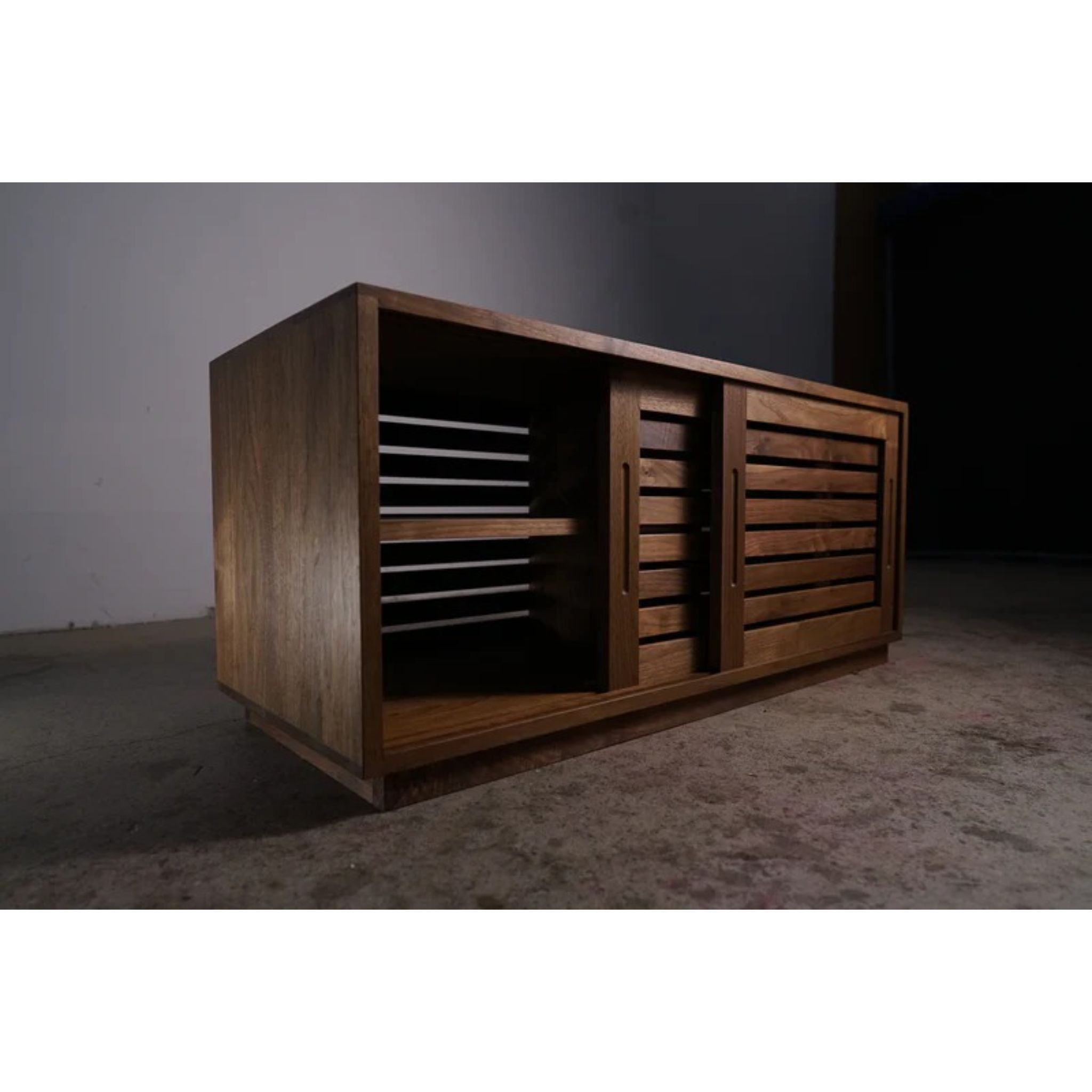 Rosenberg Storage Bench Slat Doors Opened Slide Door View by Tomfoolery Wood Co
