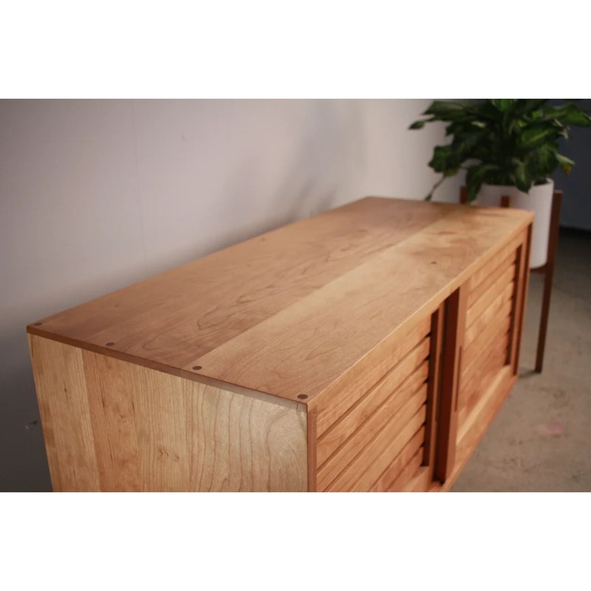 Rosenberg Storage Bench Slat Doors Top Side Front View by Tomfoolery Wood
