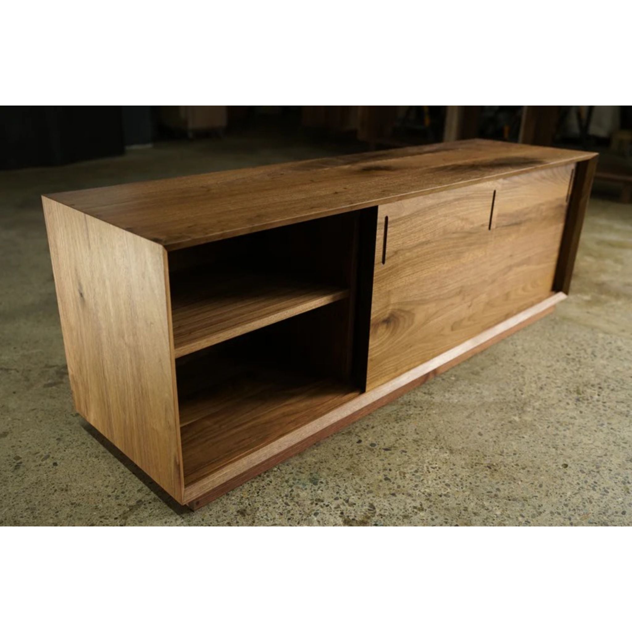 Saylor Console CN26 Opened Slide Door View by Tomfoolery Wood Co