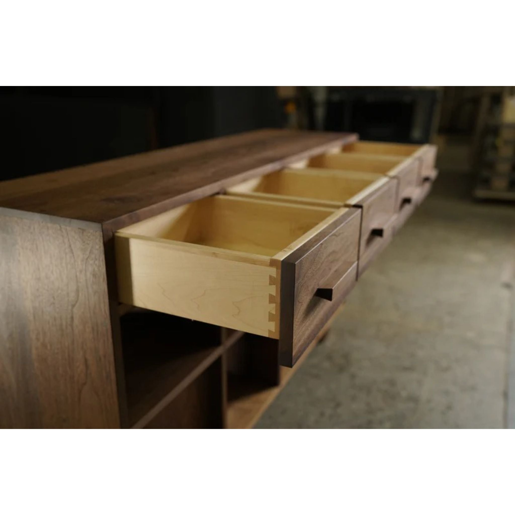 Storage Console 4 Drawer CN22 Left Side Opened Drawers View by Tomfoolery Wood Co