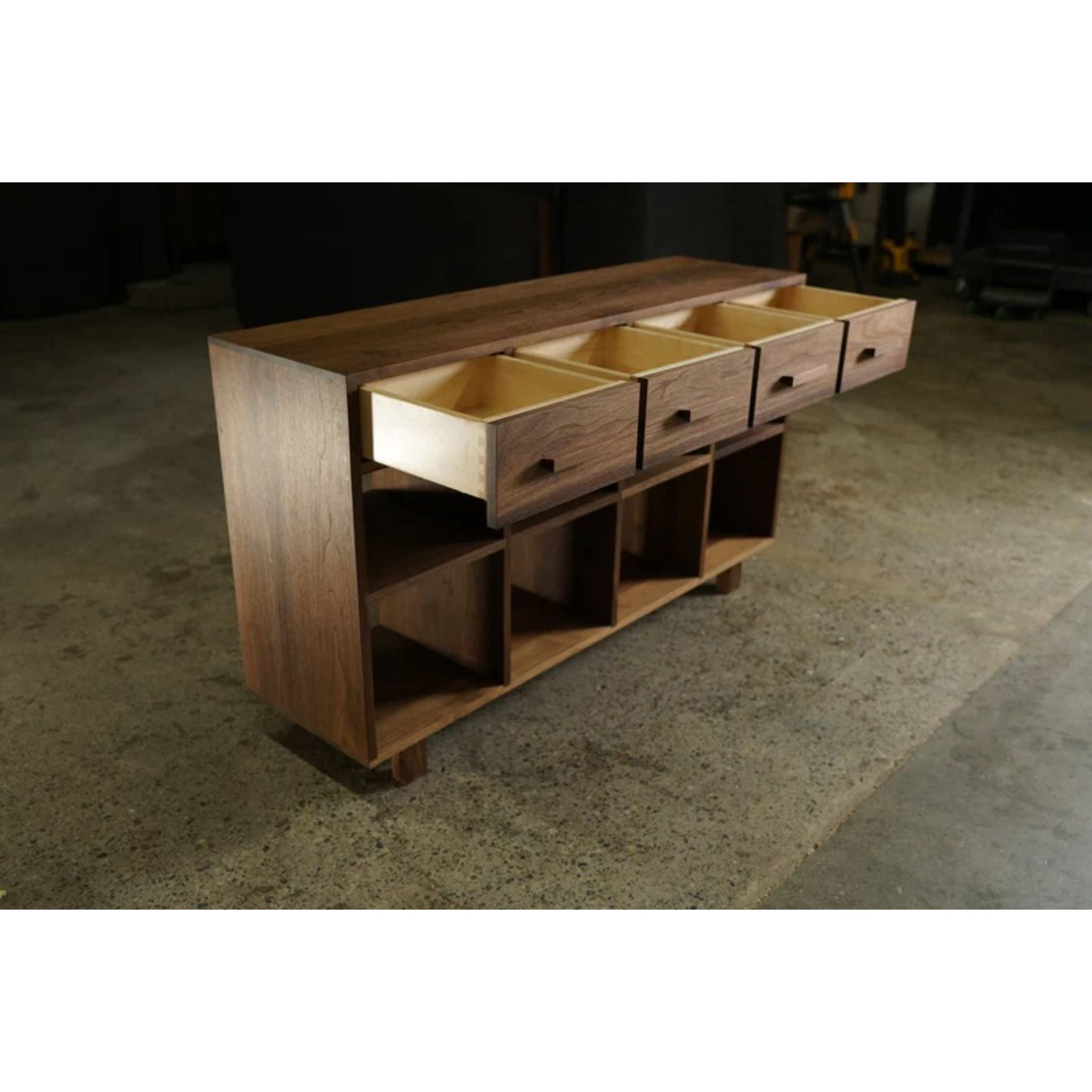 Storage Console 4 Drawer CN22 Opened Drawers View by Tomfoolery Wood Co