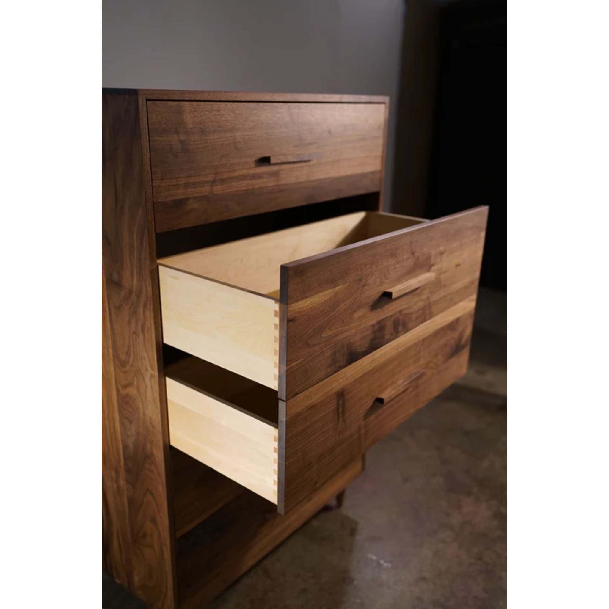 Highboy Dresser 5 Drawer DR02 Opened Drawer Closeup View by Tomfoolery Wood Co
