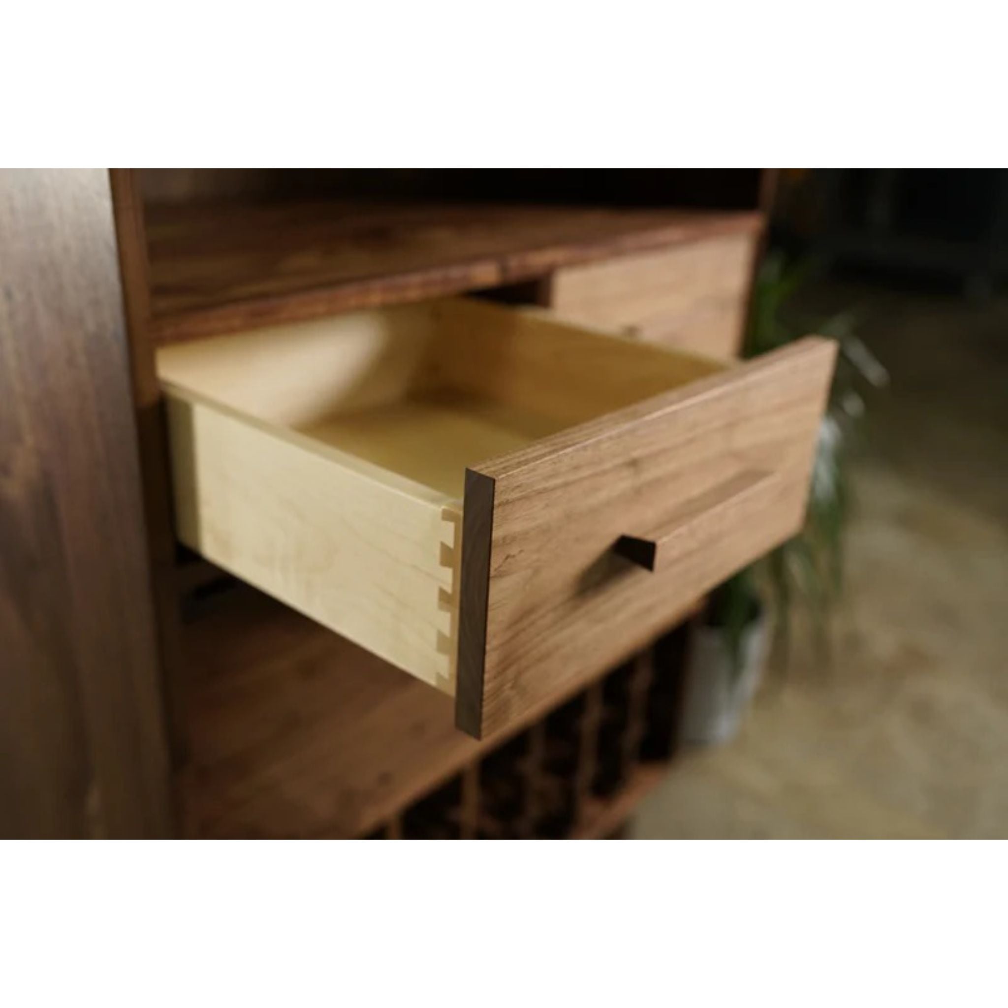 Frisby Wine Bar BN10 Opened Drawer Side View by Tomfoolery Wood Co