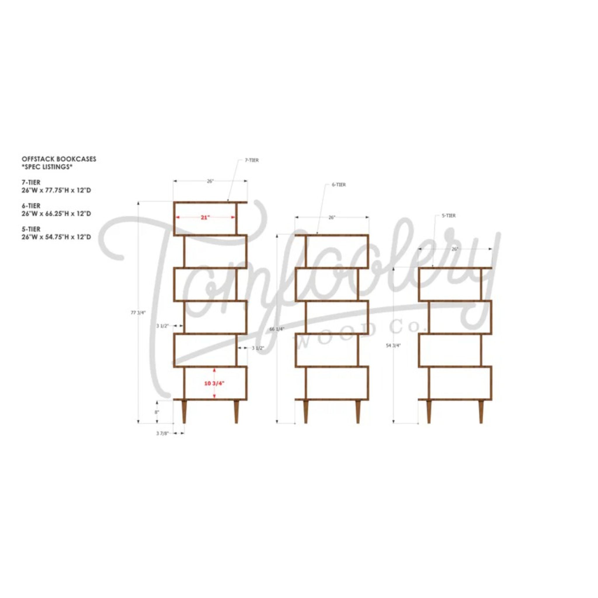 6 Tier Offstack Bookcase (TERTIARY)  Dimensions by Tomfoolery Wood Co