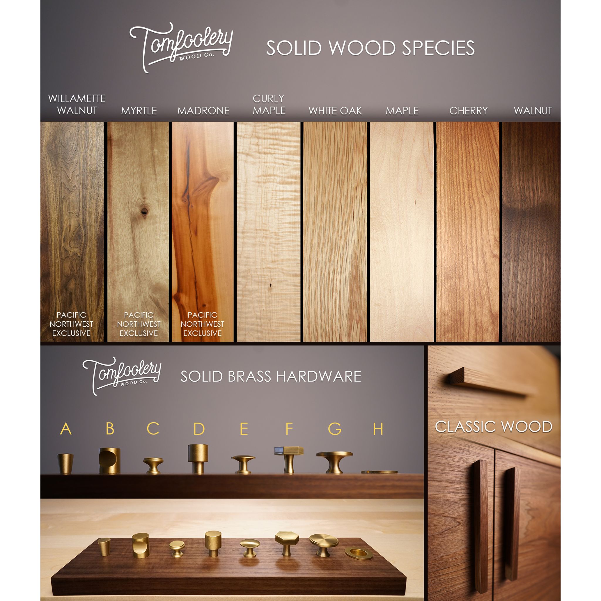 Bainbridge Vinyl Console CN15 Solid Wood Species and Hardware View by Tomfoolery Wood Co