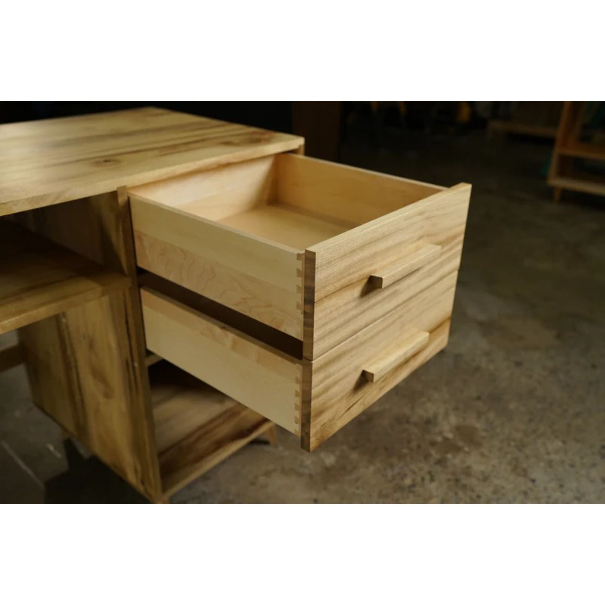 Bakewell Desk DK01 Opened Drawers View by Tomfoolery Wood Co