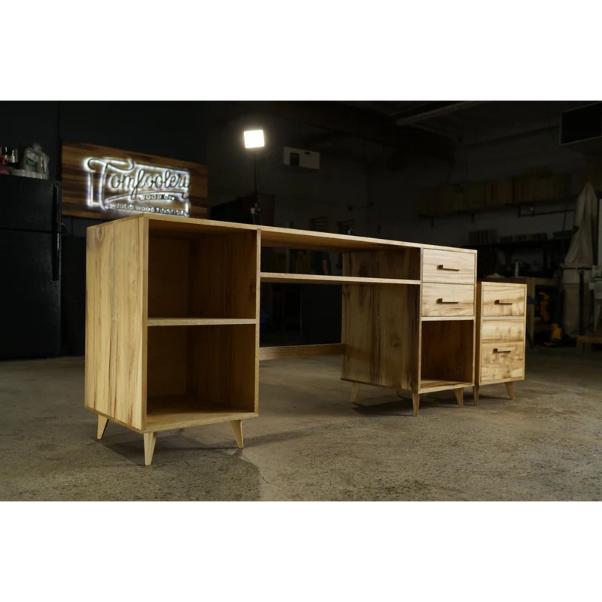Bakewell Filing Cabinet CB09 Side View With Desk by Tomfoolery Wood Co