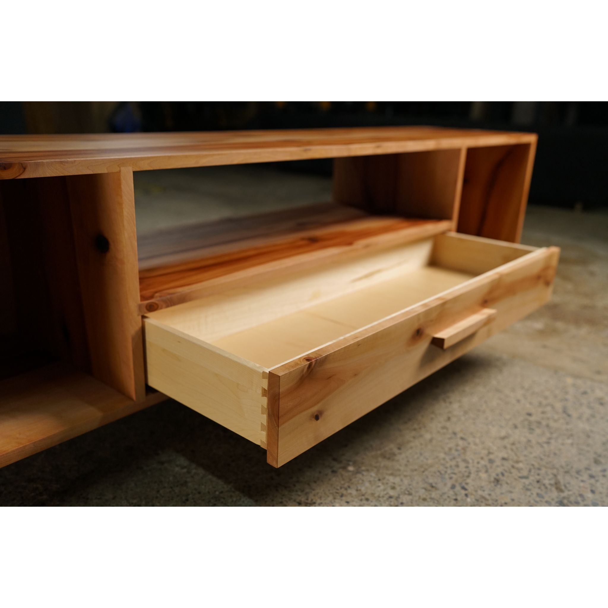 Bakewell Vinyl Console CN16 Opened Drawer View by Tomfoolery Wood Co