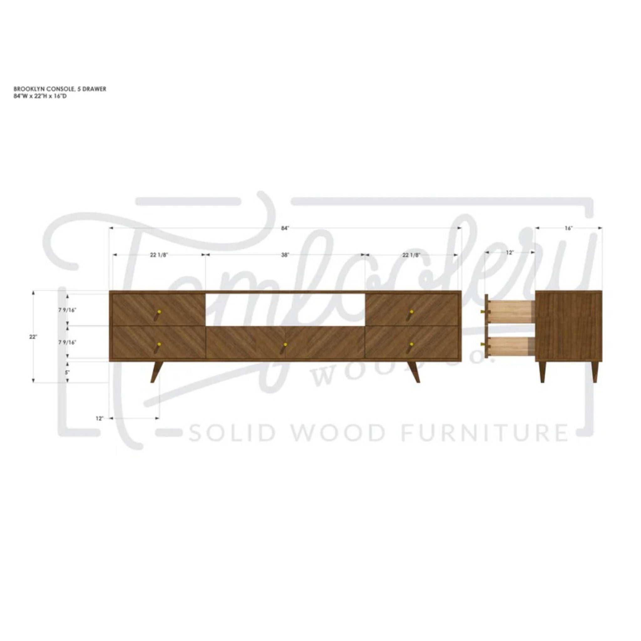 Brooklyn Console 5 Drawers v2 Dimensions by Tomfoolery Wood Co