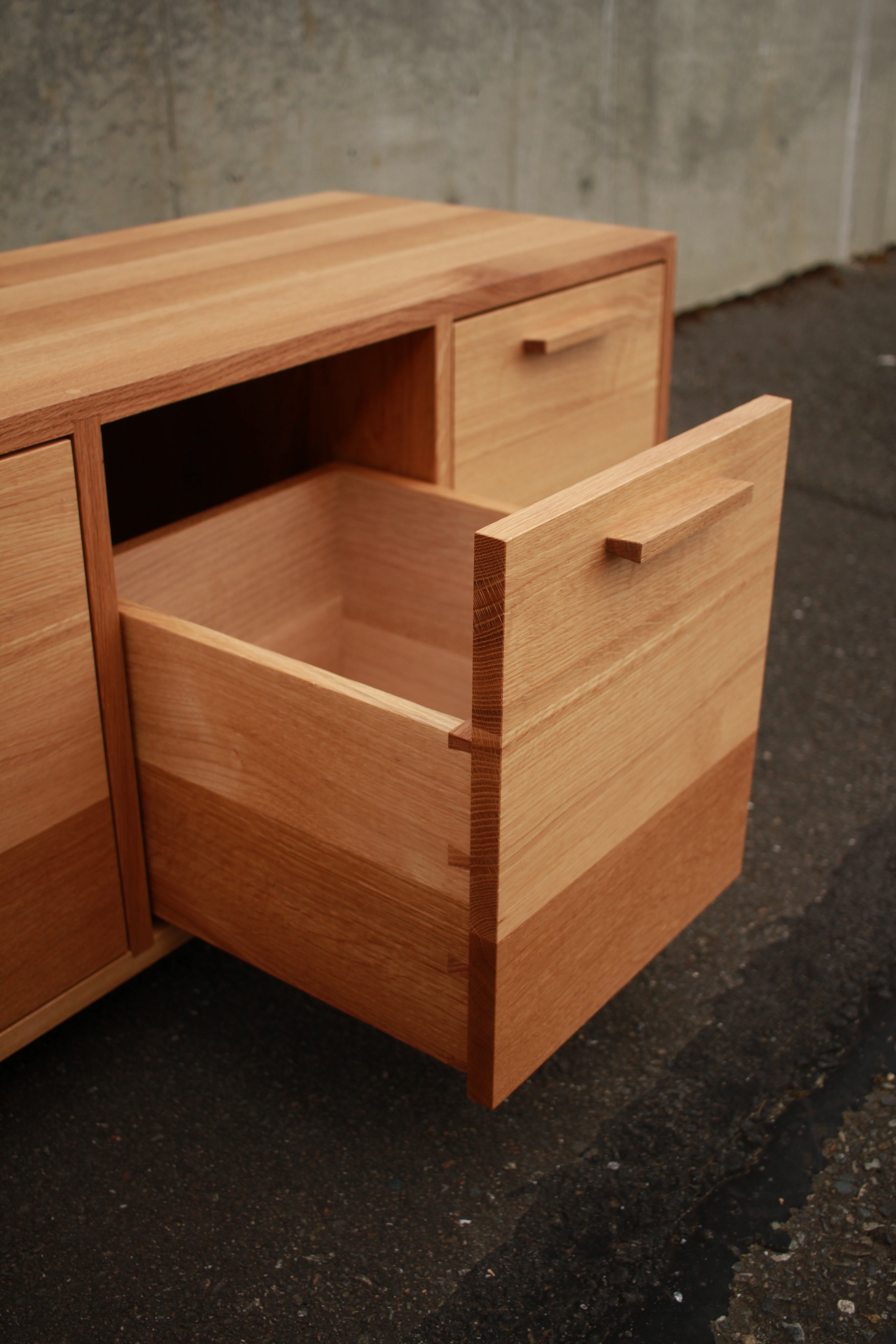Clarkson Drawer Bench 40 W Opened Drawer Side View by Tomfoolery Wood Co
