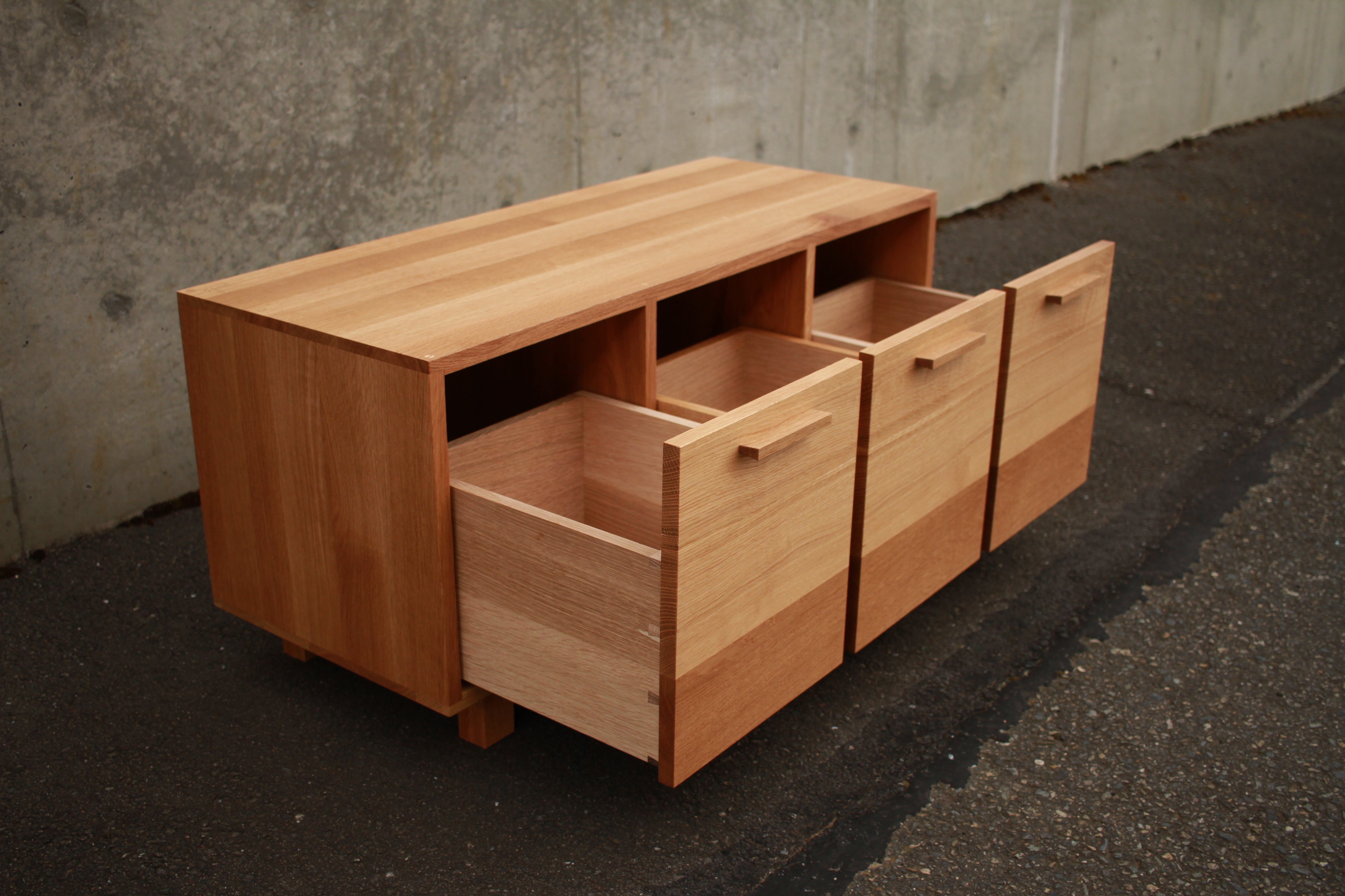 Clarkson Drawer Bench 40 W Opened Drawers View by Tomfoolery Wood Co